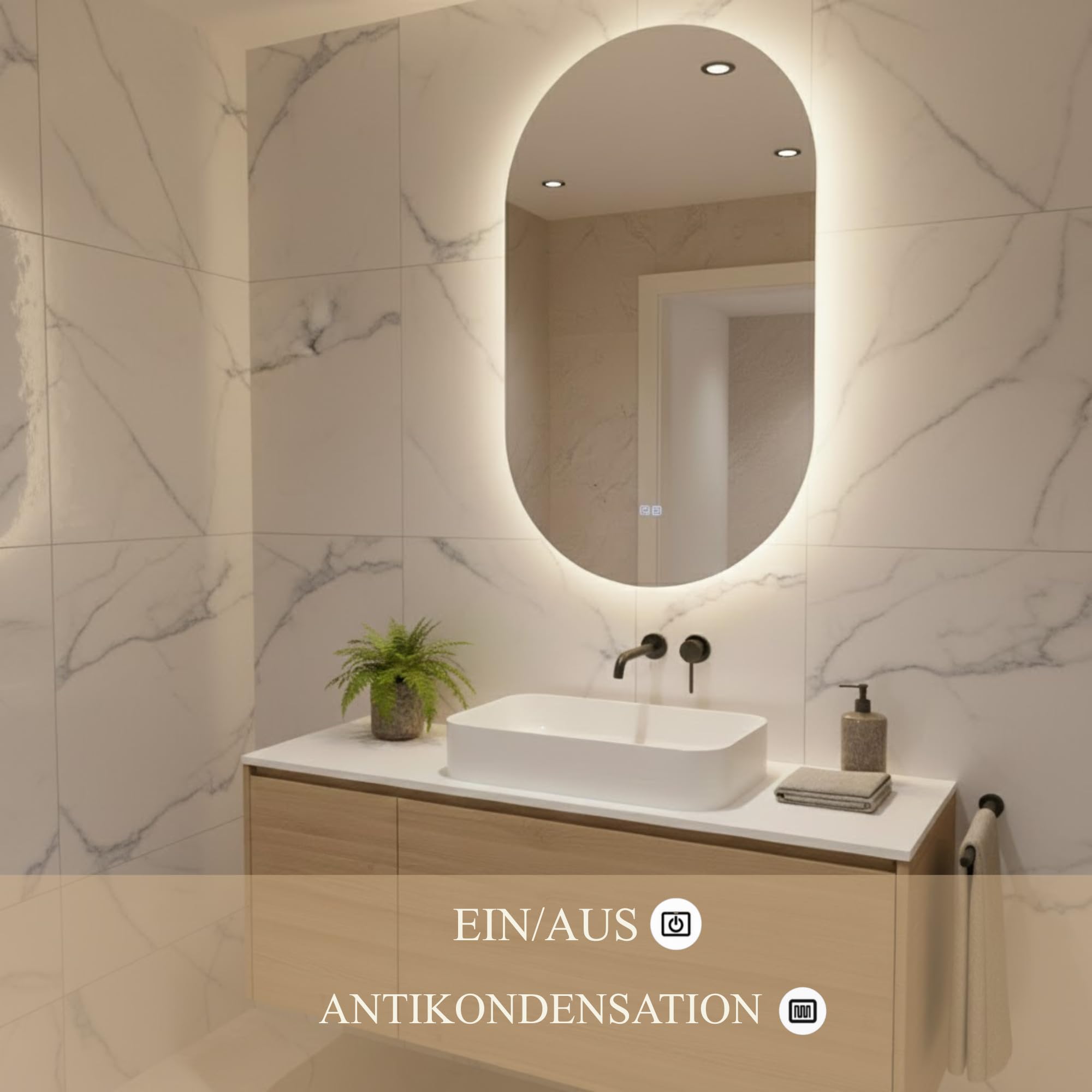 Bayt Badspiegel mit Beleuchtung oval 50x90 cm, LED dimmbar, Antibeschlag