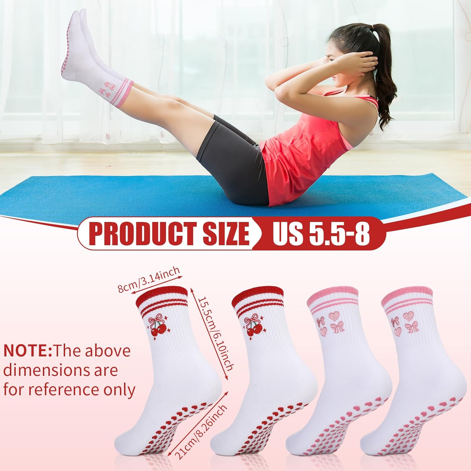 Jspupifip 2 Pairs Cherry Bow Pilates Socks with Grip for Women Embroidery Non Slip Yoga Socks for Barre Workout Hospital - Image 7