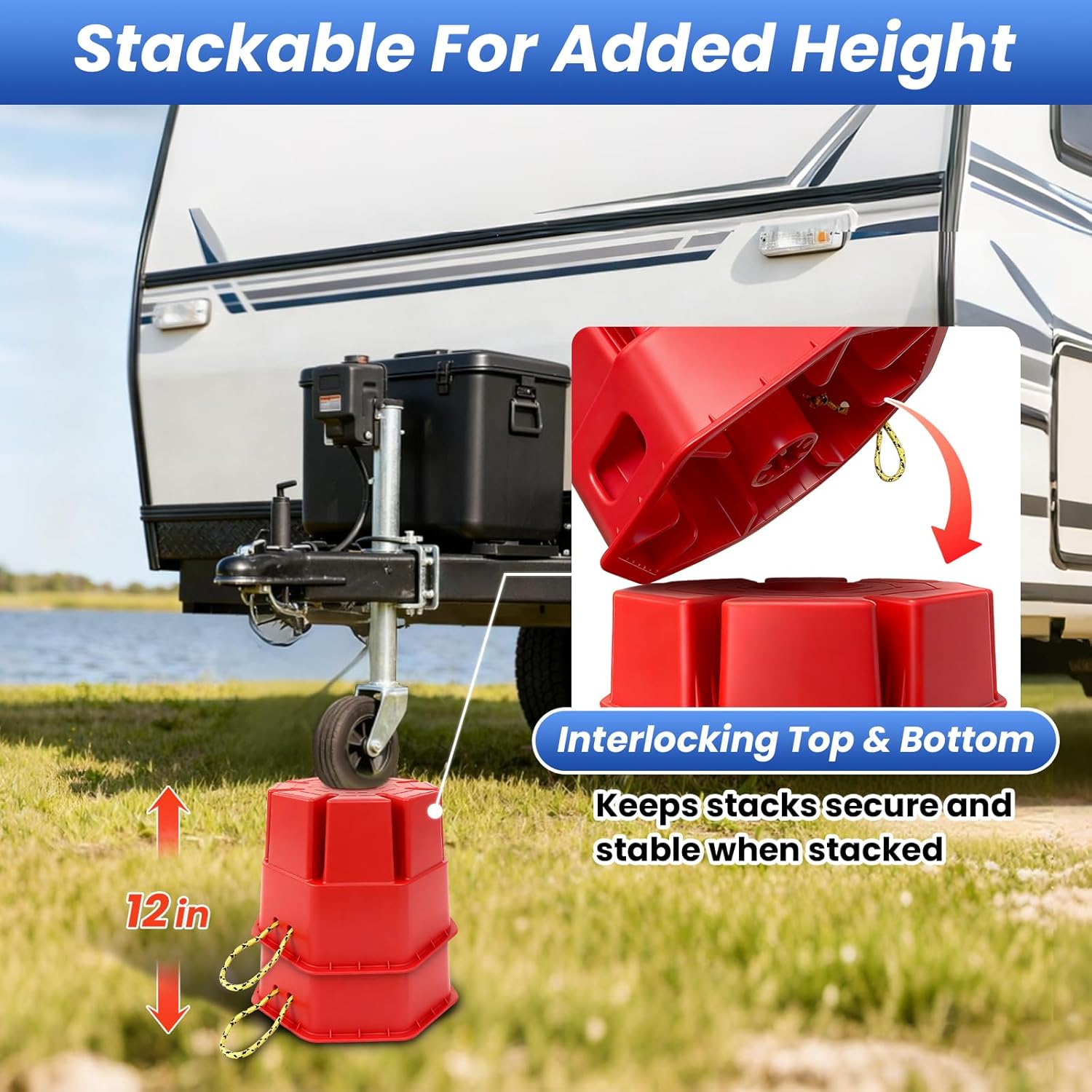 ROBLOCK 8"H Trailer Jack Block with Handle, Heavy Duty RV Stabilizer Blocks for Any Tongue Jack, Post, Foot, 5th Wheels, Round, Square or Scissor Stabilizer, RV Essentials for Travel Trailers, 1 Pack