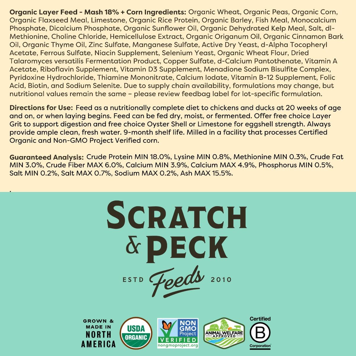 Scratch and Peck Feeds Whole Grain Layer Mash + Corn Chicken and Duck Feed - 40 lbs Bag - Soy-Free - 18% Protein, Certified Organic and Non-GMO Project Verified Chicken Food