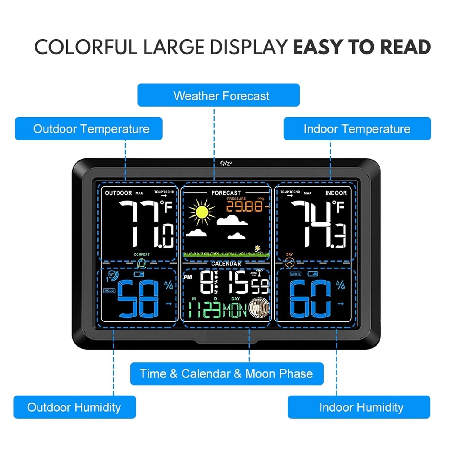 Weather Station, Weather Station Clocks Wireless Digital LED Calendars Table Clock with Temperature and Humidity Monitor Forecast,for Home Garden,Bianco-1