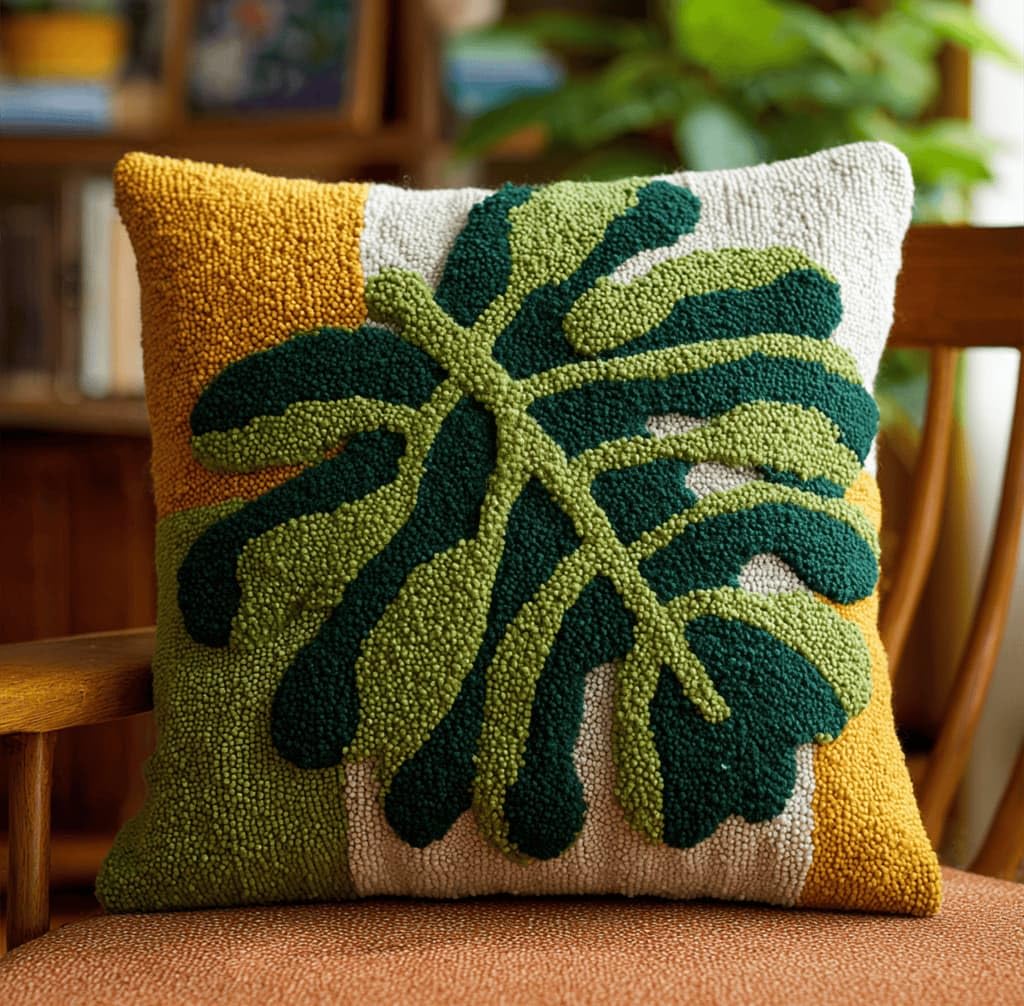 Kitquiver Decor Latch Hook Cushion Kit,Leaf DIY Pillow Cover 43X43Cm