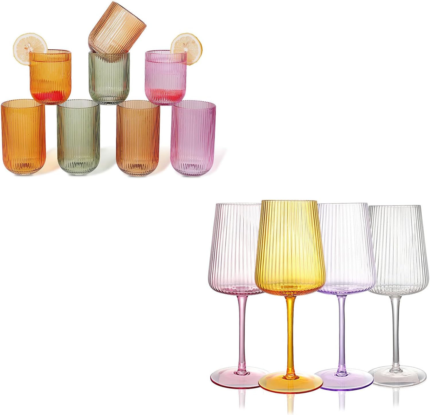 colored, 4 highball glasses 14oz & 4 rock drinking glasses 9oz & 4 wine glasses 18oz
