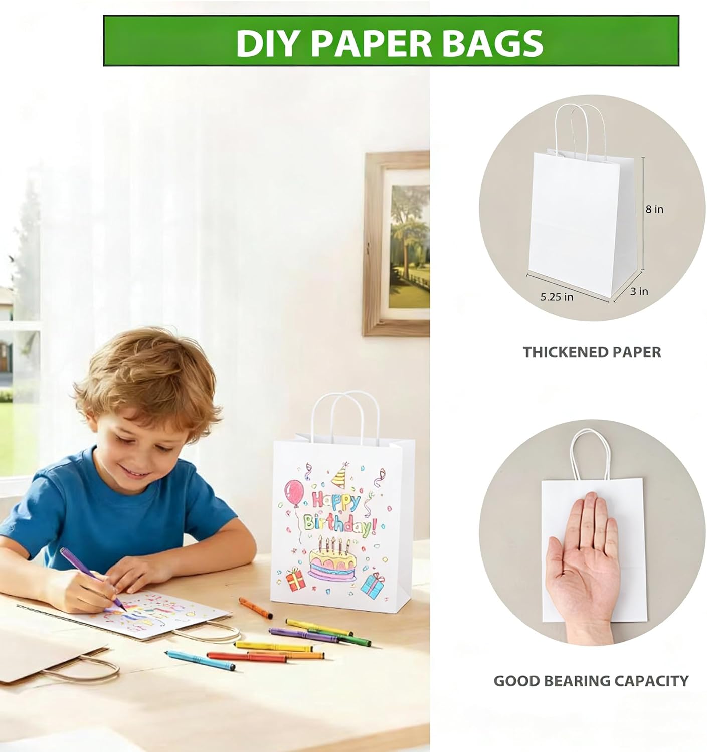 EwayEcos 100 Pack 8x5.25x3 Inch White Kraft Paper Bags with Handles Bulk for Wedding Birthday Party Favors Grocery Retail Shopping Business Goody Craft Gift Bags Sacks