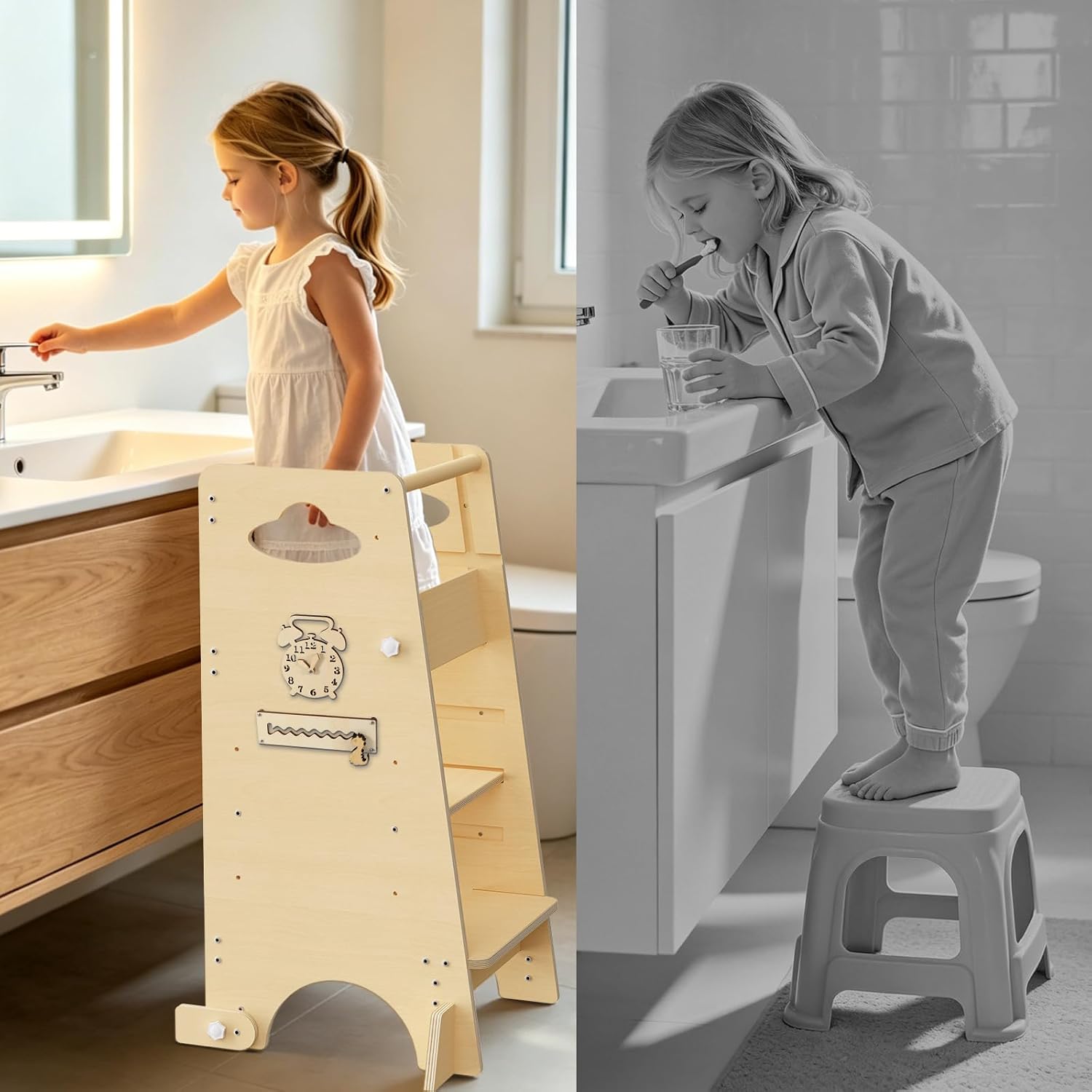 Toddler Tower, Wooden Learning Tower for Kids 1-3, Montessori Kitchen Helper Stool for Toddlers, Sturdy Standing Tower with Safety Rail for Kitchen Counter & Bathroom Sink, Natural Wood