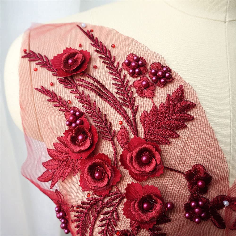 Amazon.com: 2PCS Wine Red Lace Fabric 3D Flower Tassel Beads Rhinestone  Embroidered Wedding Gown Appliques Sew Patch for Dress DIY Decor : Arts,  Crafts & Sewing