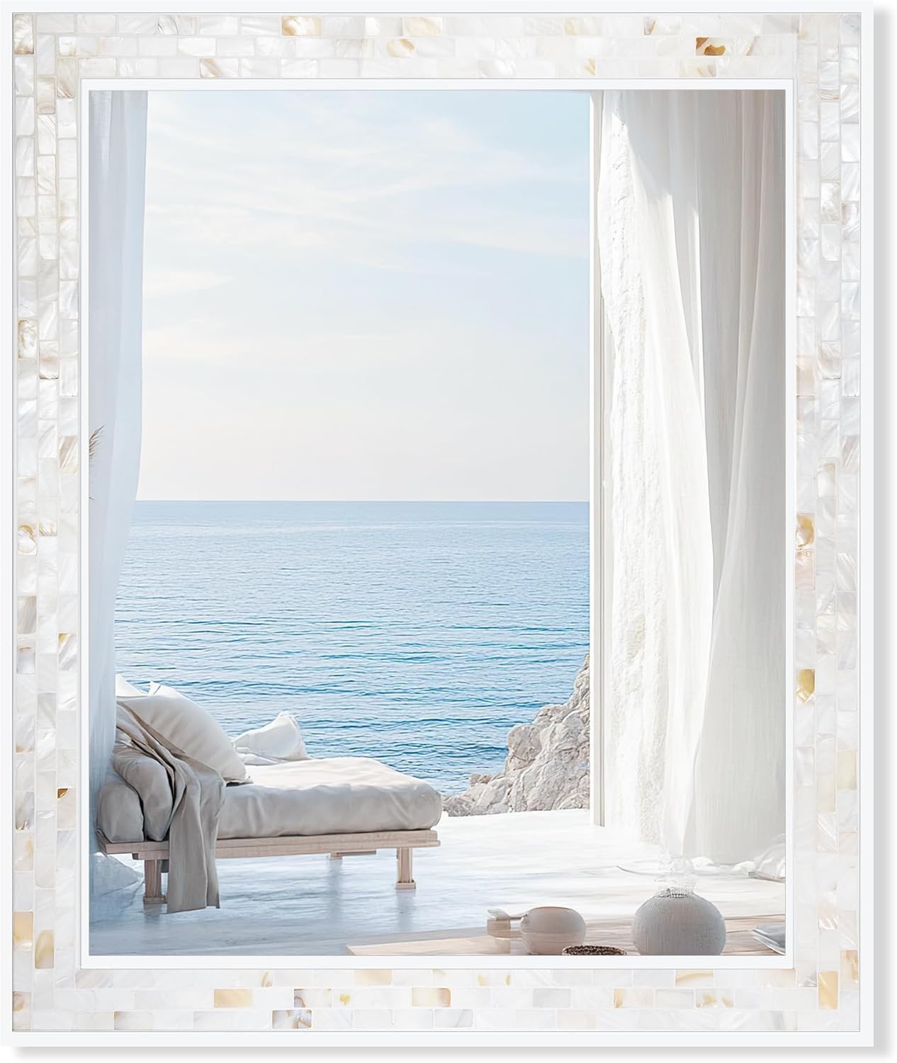 Tanmicoshomy 30 x 36 Inch White Bathroom Mirror, Natural Shell Framed Rectangle Mirrors with Tempered for Bathroom Bedroom, Living Room, Wall Mounted Horizontal or Vertical Hanging