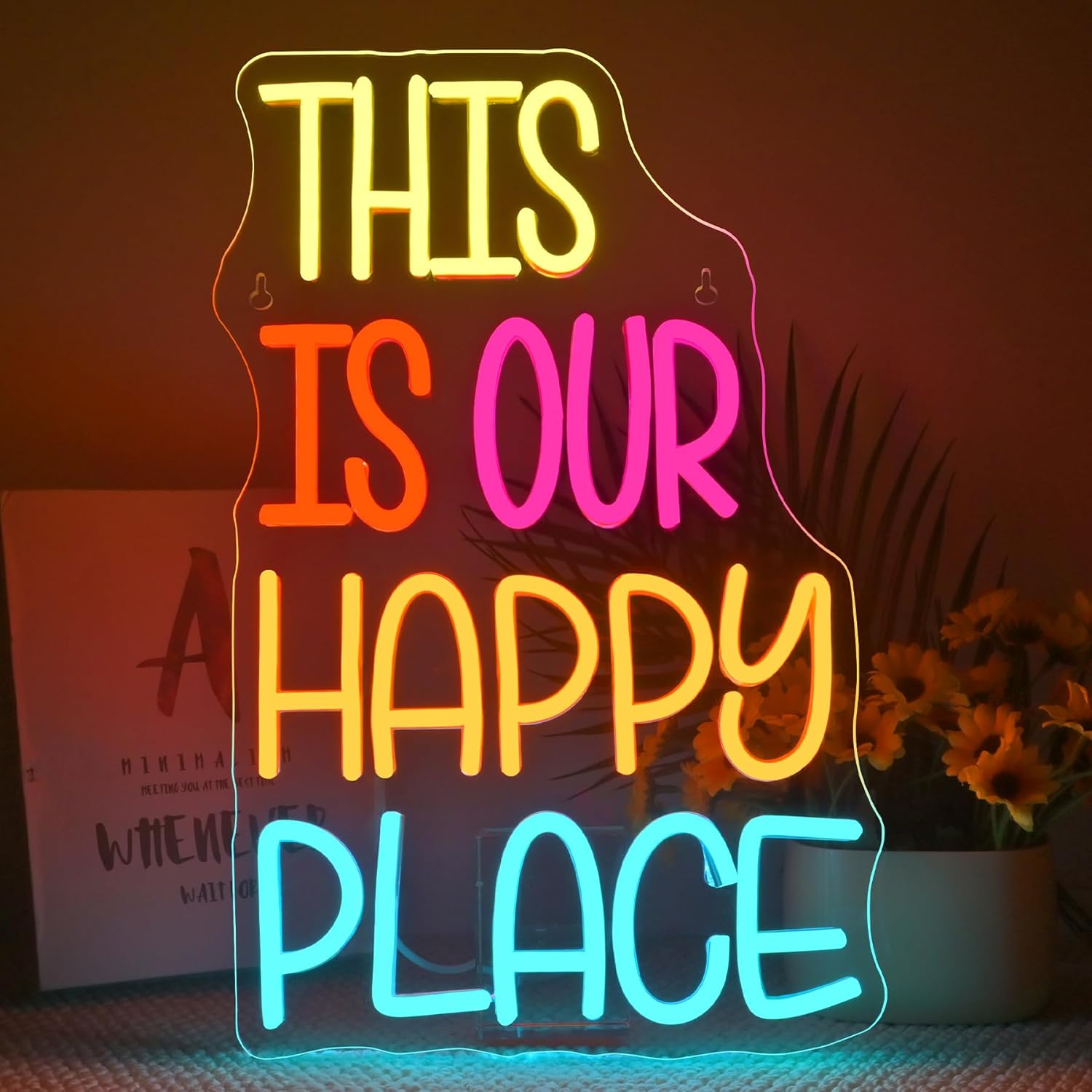 NOSUN This is Our Happy Place Neon Sign for Wall Decor Colorful Neon Light Cheerful LED Neon Signs for Dorm Man Cave Gym Classroom Bedroomd Bar Neon Signs Dimmable LED Light