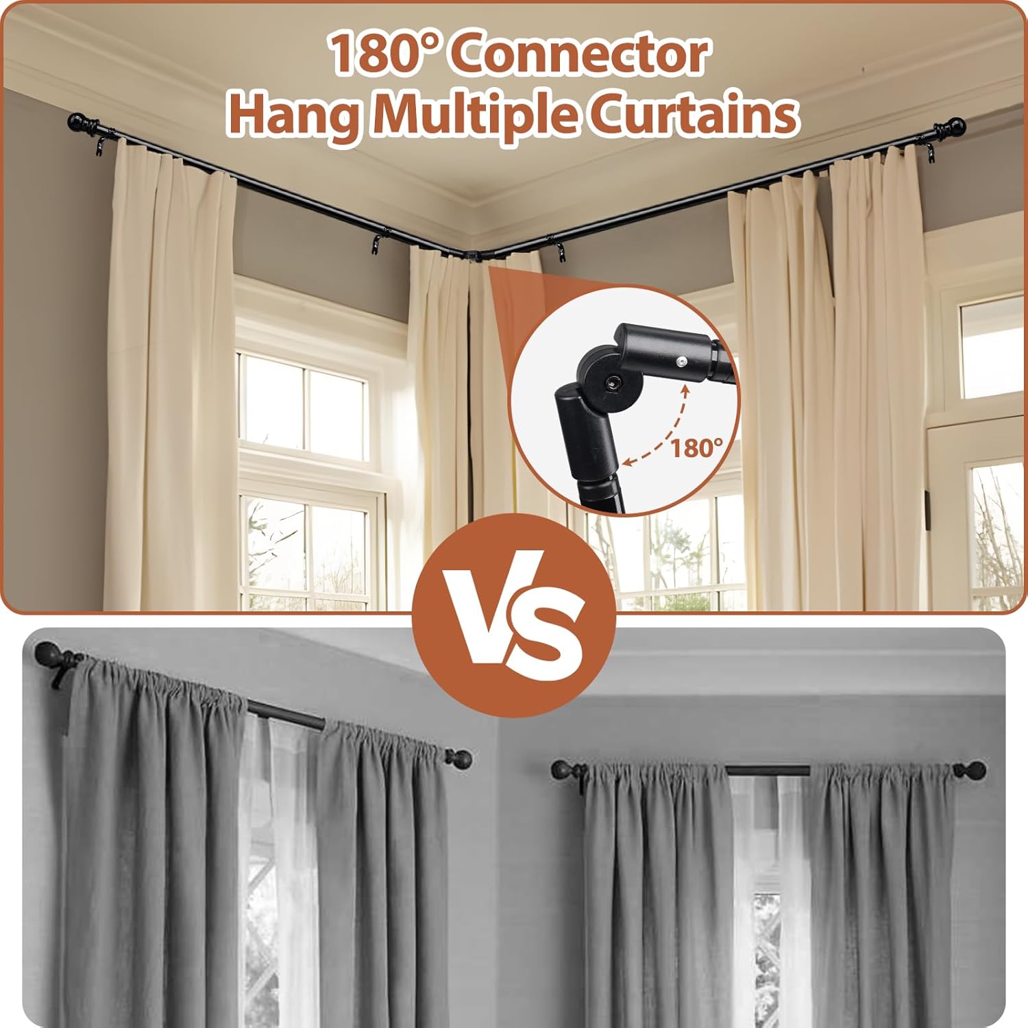 2PC Corner Curtain Rod for Windows 1 Inch Heavy Duty Metal L Shaped Curtain Rod for Corner Window 32-134” Adjustable Long Rods with Decorative End Black