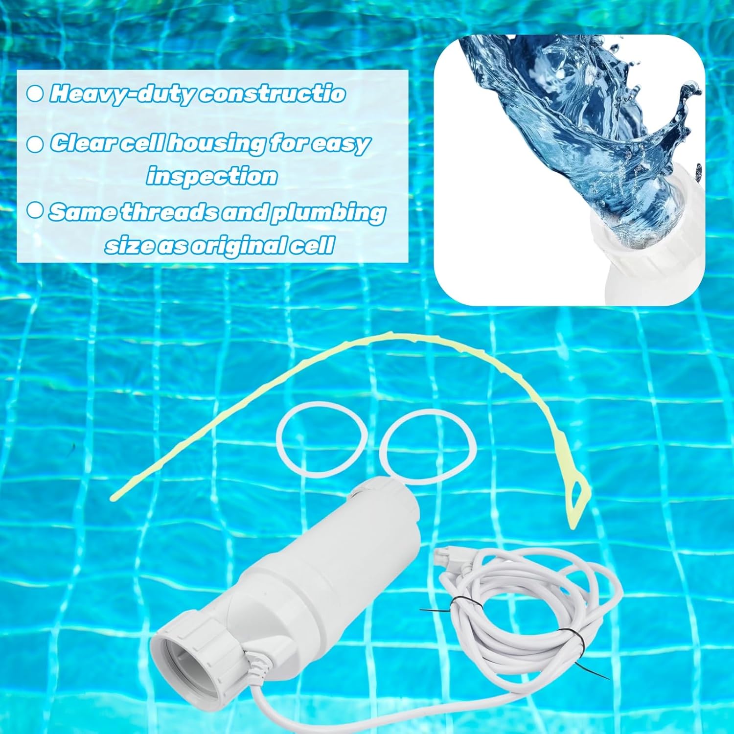 Salt Cell Pool Chlorination System, W3T-Cell-3 Salt Pool with 15 ft Cable, 15000 Gallon Salt Maker for In-Ground Pools, Compatible with Hayward Salt Pool T3 Mixizap