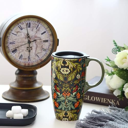 Miniatura 59 de Taza de café de viaje de cerámica con tapa para el hogar y la oficina, taza de té alta de porcelana de 17 onzas con mango de arte floral en caja