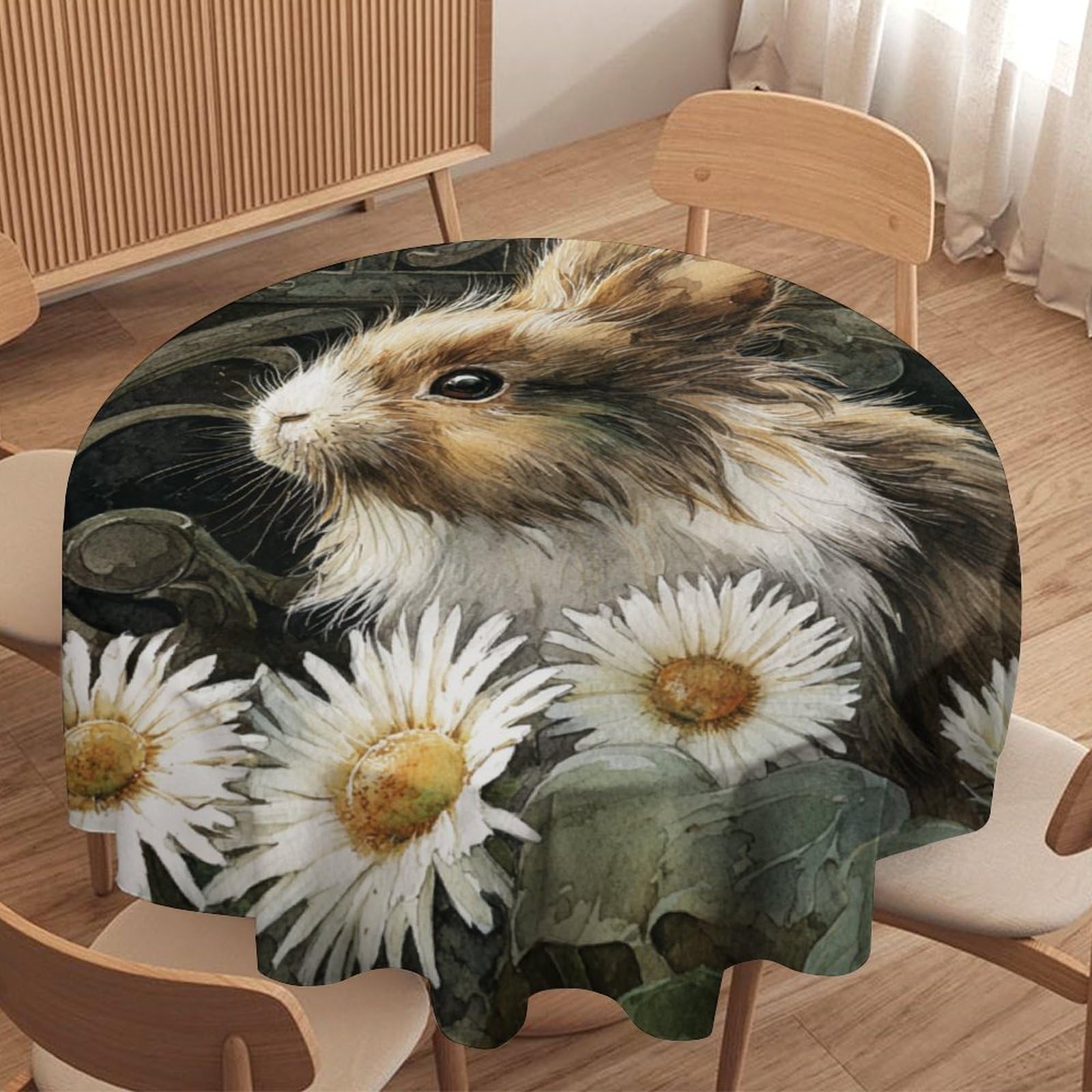 LUYYSKY Beautiful Classic Cute Rabbits Round Tablecloth Colorful Watercolor Spring Garden Daisies Floral Animal Bunny Washable Decor for Table Cover for Kitchen-127 Wx127 L cm