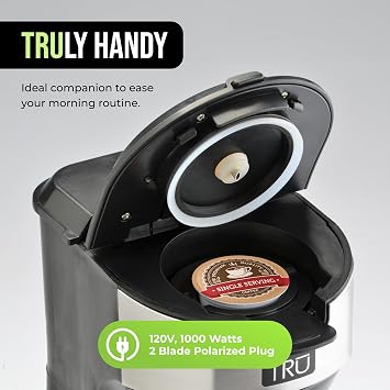 Tru Single Serve Dual Brew Coffee Maker for Capsules or Grounds | Premium Brewer for Coffee Capsules or Grounds, Self-Cleaning Function & Removable Drip Tray for Home