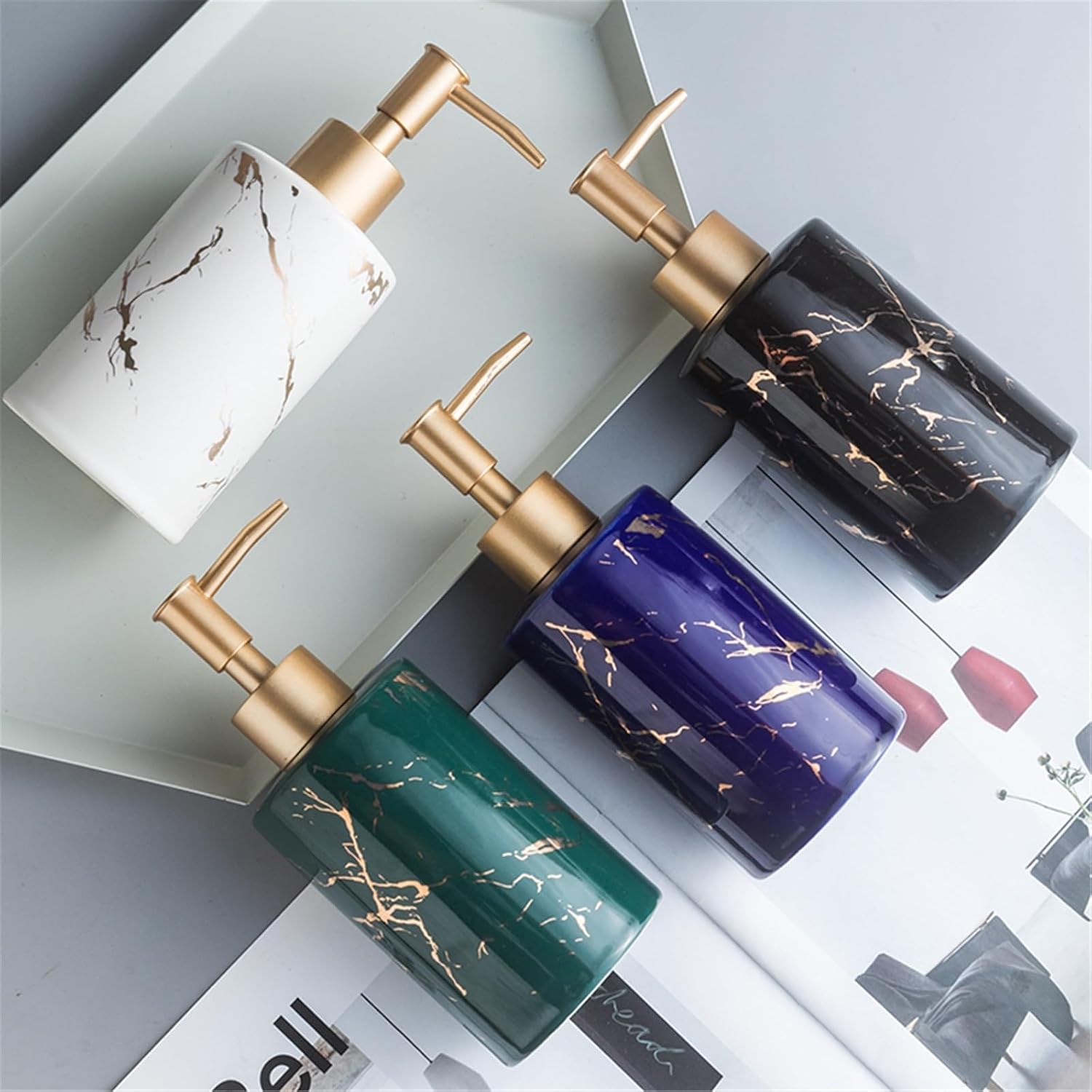 Modern Simple Ceramic Straight Soap Dispenser Hotel Club Bathroom Lotion Press Pump Bottle Bathroom (White)