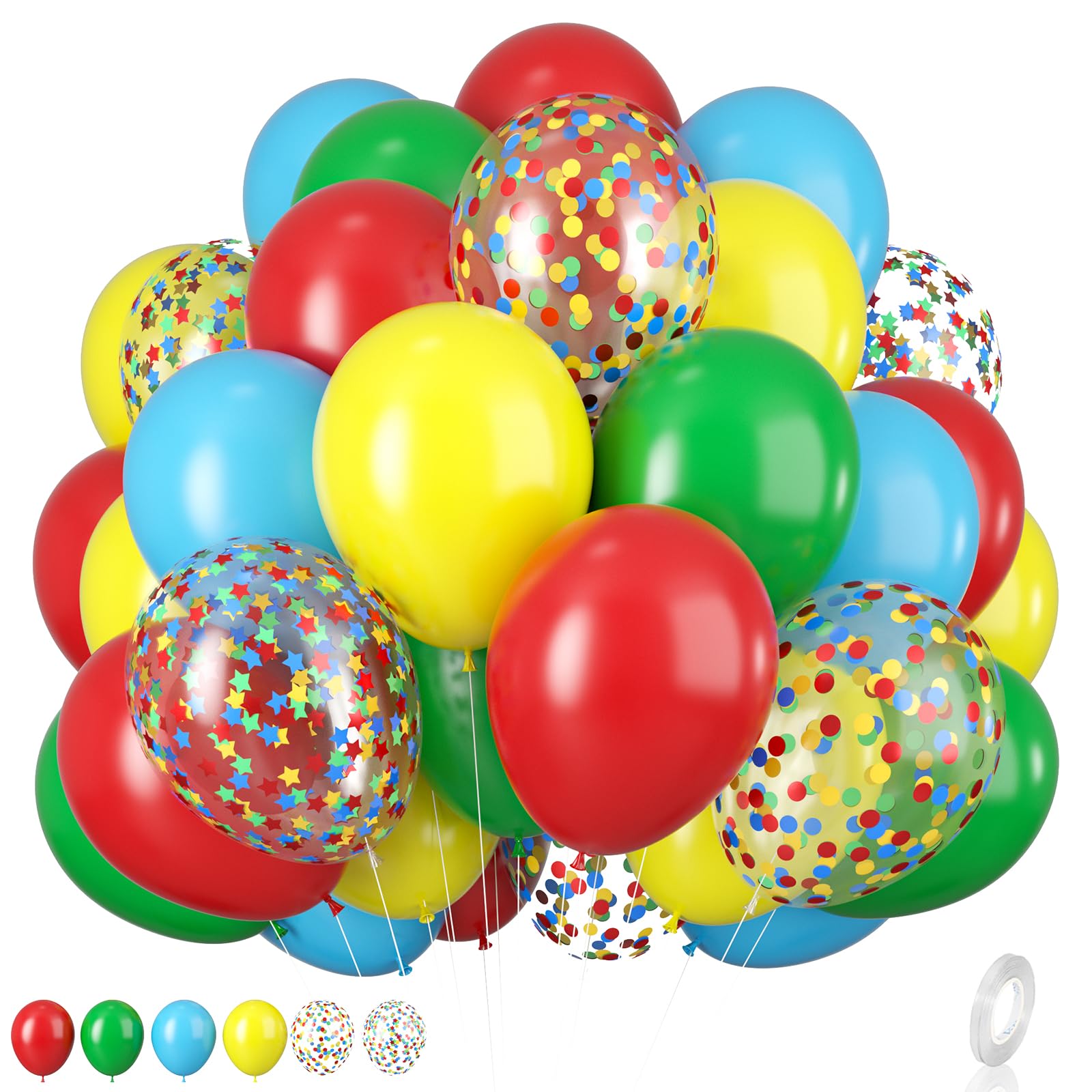 Rainbow Assorted Latex Balloons - 12in Matte Blue, Yellow, Red, Green - Confetti Star Shaped - Perfect for Birthday, Festival, Carnival, Circus, Game, Party Decor