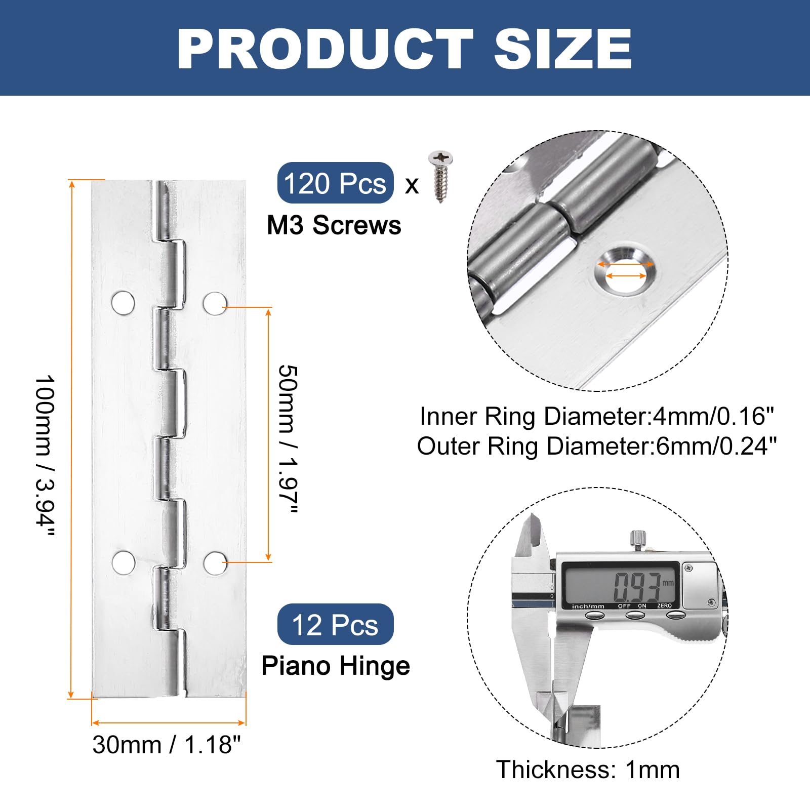 PATIKIL 4x1.2 Inch Piano Hinge,12 Pcs 304 Stainless Steel Continuous Hinge with Holes for Piano Gate Door Wooden Storage Box Cabinet Boat,Silver - Image 2