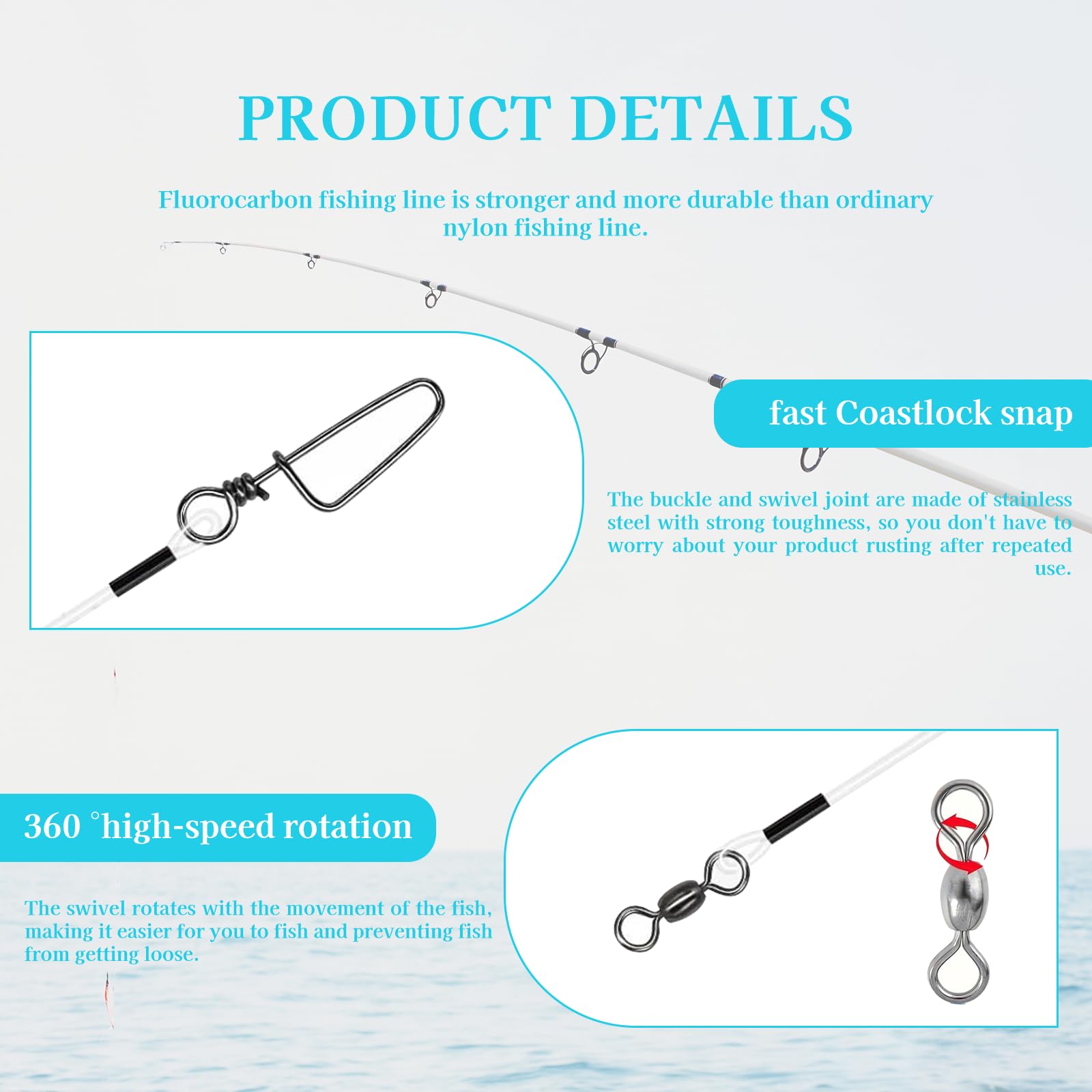 12 anzuelos de acero para pesca de lucio, de fluorocarbono, con remolino y mosquetón, accesorios de pesca para pesca de spinning, anzuelos de pesca para agua salada y agua dulce