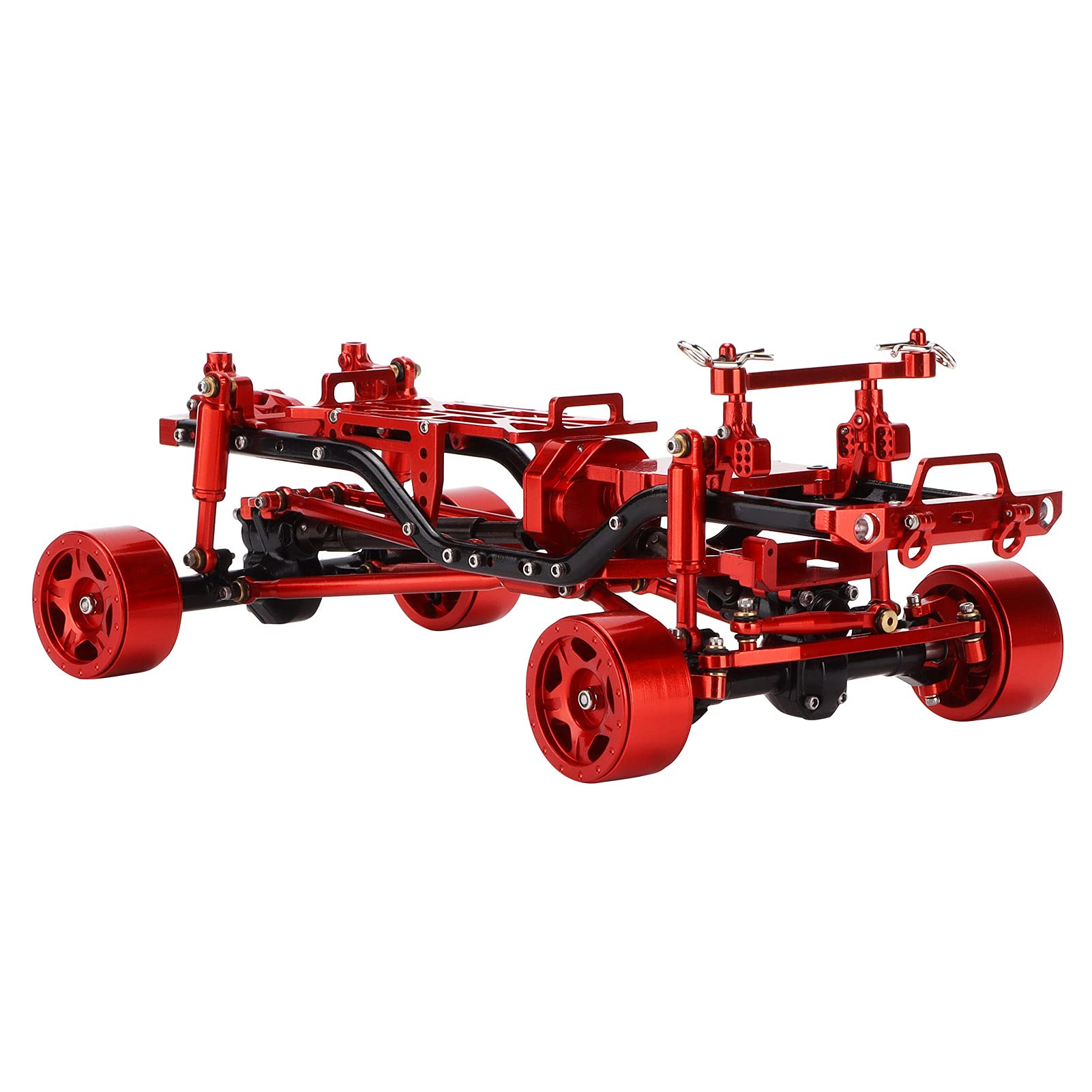 Zestaw ulepszonej ramy podwozia SCX24 |Rama ze stopu aluminium z piastami kół do samochodu Axial SCX24 90081 1/24 RC |Mocowanie silnika CNC i stalowy wał napędowy (Red)