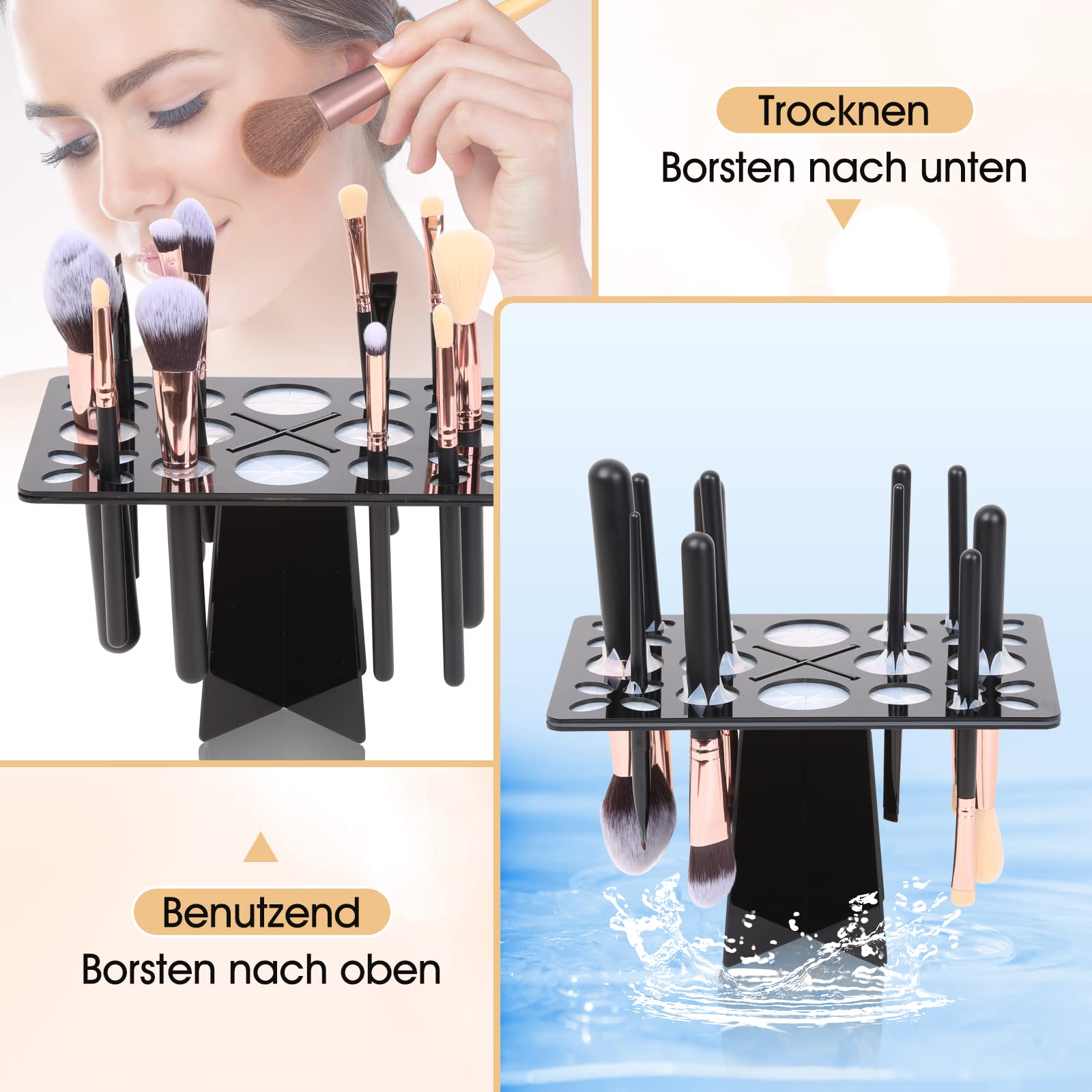 Pinselhalter Kosmetik, 26 Schlitze Zusammenklappbar Make Up Pinsel Halter Acryl Kosmetik Aufbewahrung Trockner Ständer zum Aufbewahren von Makeup Aquarellpinsel Acryl Nagelbürsten Malpinseln, Schwarz Kosmetik