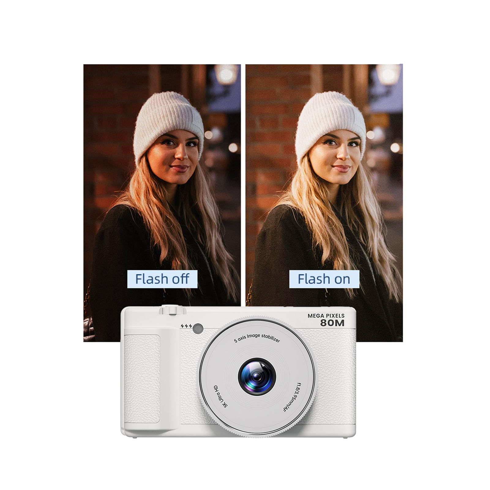Bewinner Fotocamera Digitale 5K per la Fotografia, Fotocamera da 80MP con Schermo da 2,8 "270 °, Luce di Riempimento a LED, 18x Zoom HD Fotocamere da Viaggio Compatte per Principianti (WHITE)