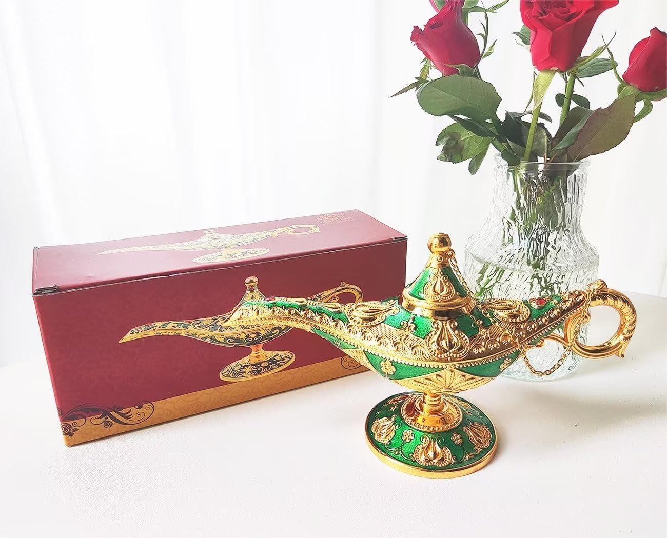 Hourwof Vintage Aladdin Magic Genie Lamp,Arabian Nights Costume Prop Lamp for Wedding Theme Party,Legend Wishing Light for Home Tabletop Decor Halloween Christmas Birthday Gift,Large Green image 5