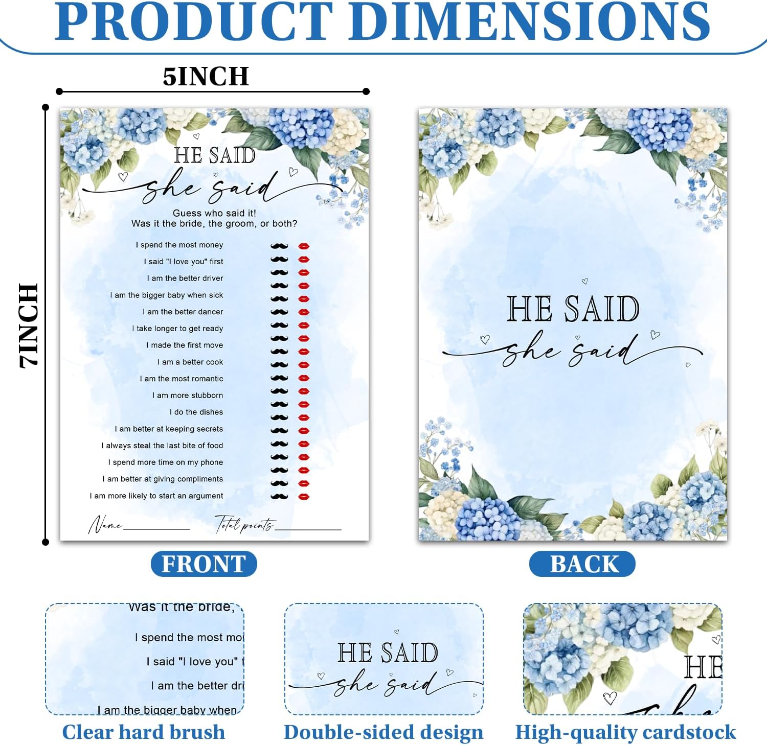 He Said She Said Game Cards, Blue Floral Bridal Shower Game for Guests, Fun Wedding Couple Trivia Activity, Enagement Bridal Shower Bachelorette Party Supplies-30 Pcs image 3