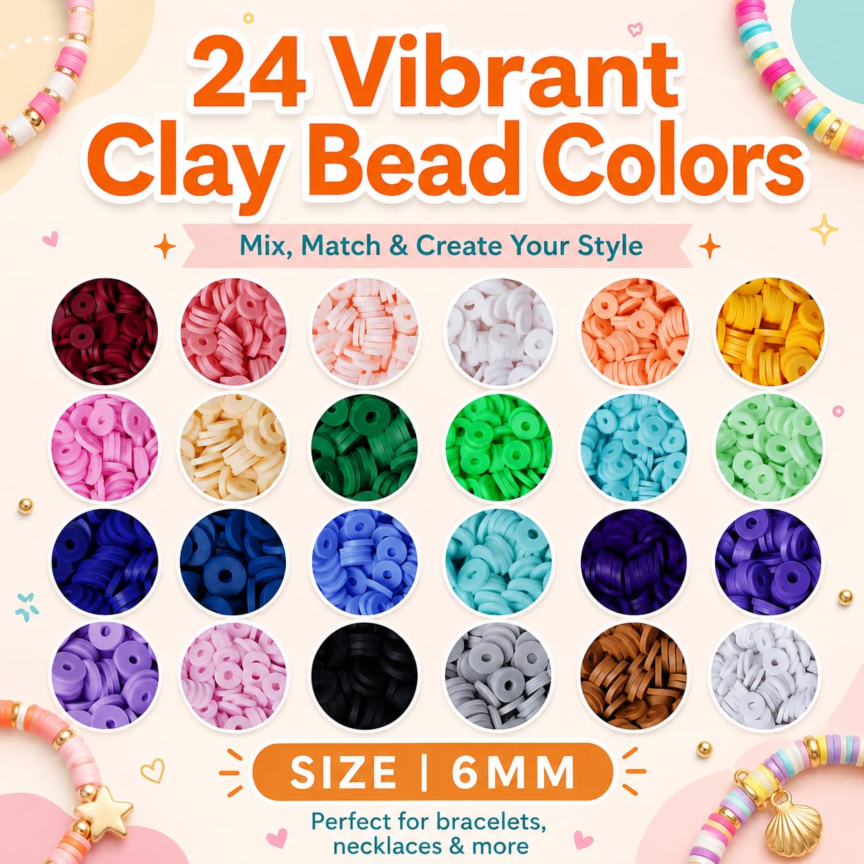 The Beading Co. Kit de fabricación de pulseras de más de 7500 cuentas de arcilla para niñas, cuentas heishi de 24 colores con cuentas de letras y dijes para pulseras de amistad y kit de fabricación de
