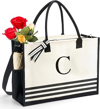 Personalized Initial Monogrammed Canvas Tote Bags, Gifts for Women Teachers Birthday Graduation Beach