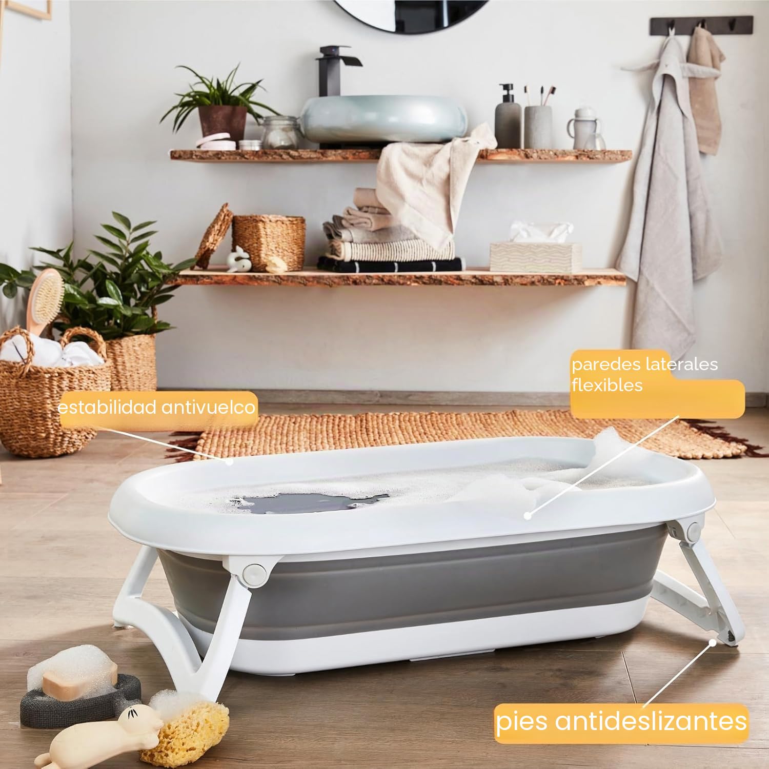 Rotho Babydesign Bañera Plegable Baby Bath 2 Go, Para Bebés A Partir De 0 Meses, 82 X 48,5 X 22 Cm, 20458 0293 01, Gris/Blanco