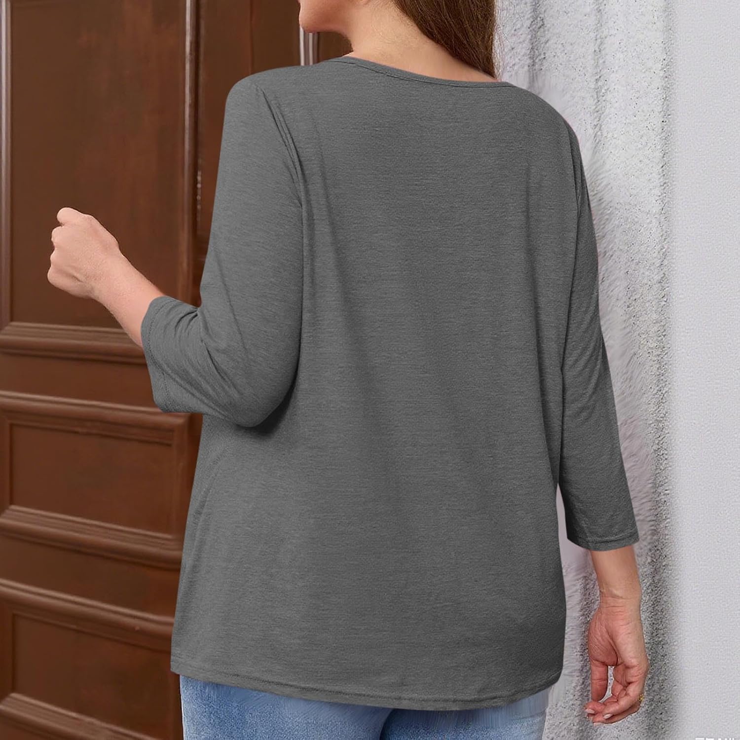 Tops for Women Fashion Plus Size V Neck Casual Shirts 3/4 Sleeve Solid Color Classic Breathable Summer Tunic