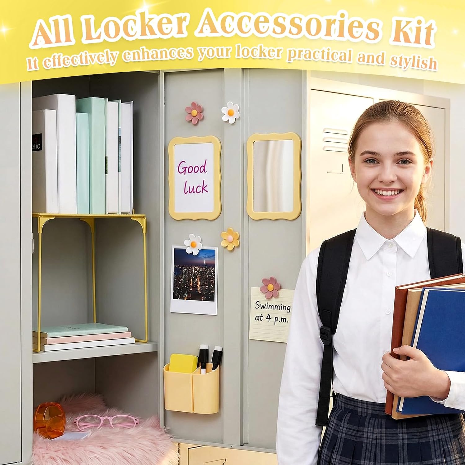 Colarr 16 Pcs Yellow Locker Accessories for Girls Includes Magnetic Whiteboard & Mirror Locker Shelf Pen Holder 2 Dry Erase Marker & Eraser 9 Flowers for Back to School Essentials Decoration