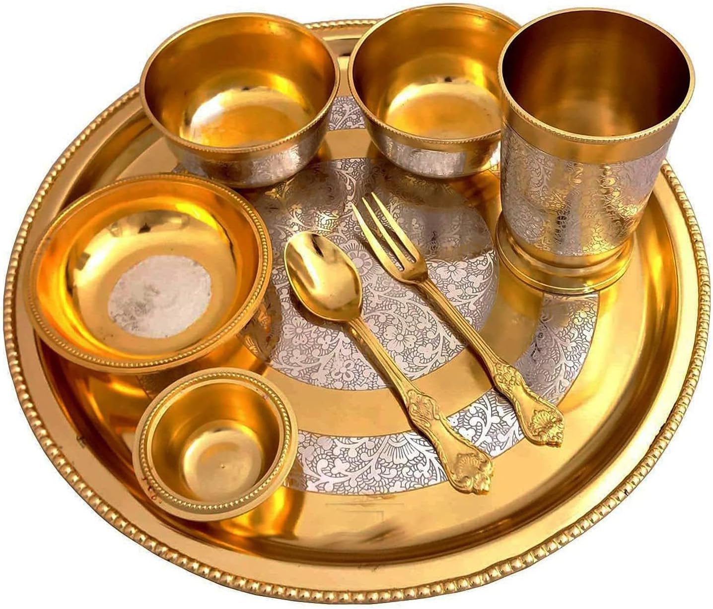 PARIJAT HANDICRAFT Indian dinnerware hammered brass traditional dinner set of thali plate, bowls, glass and spoon beautifully handcrafted tableware for gift (Dinnerware-Set01)