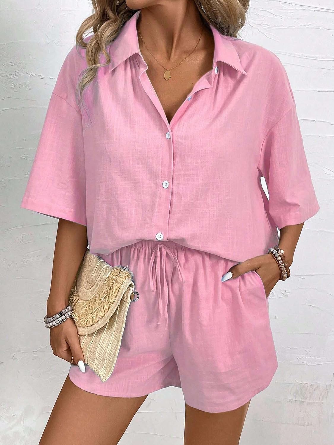 Women's 2-Piece Solid Color Short Sleeve Shirt And Shorts Set Casual Summer Outfit