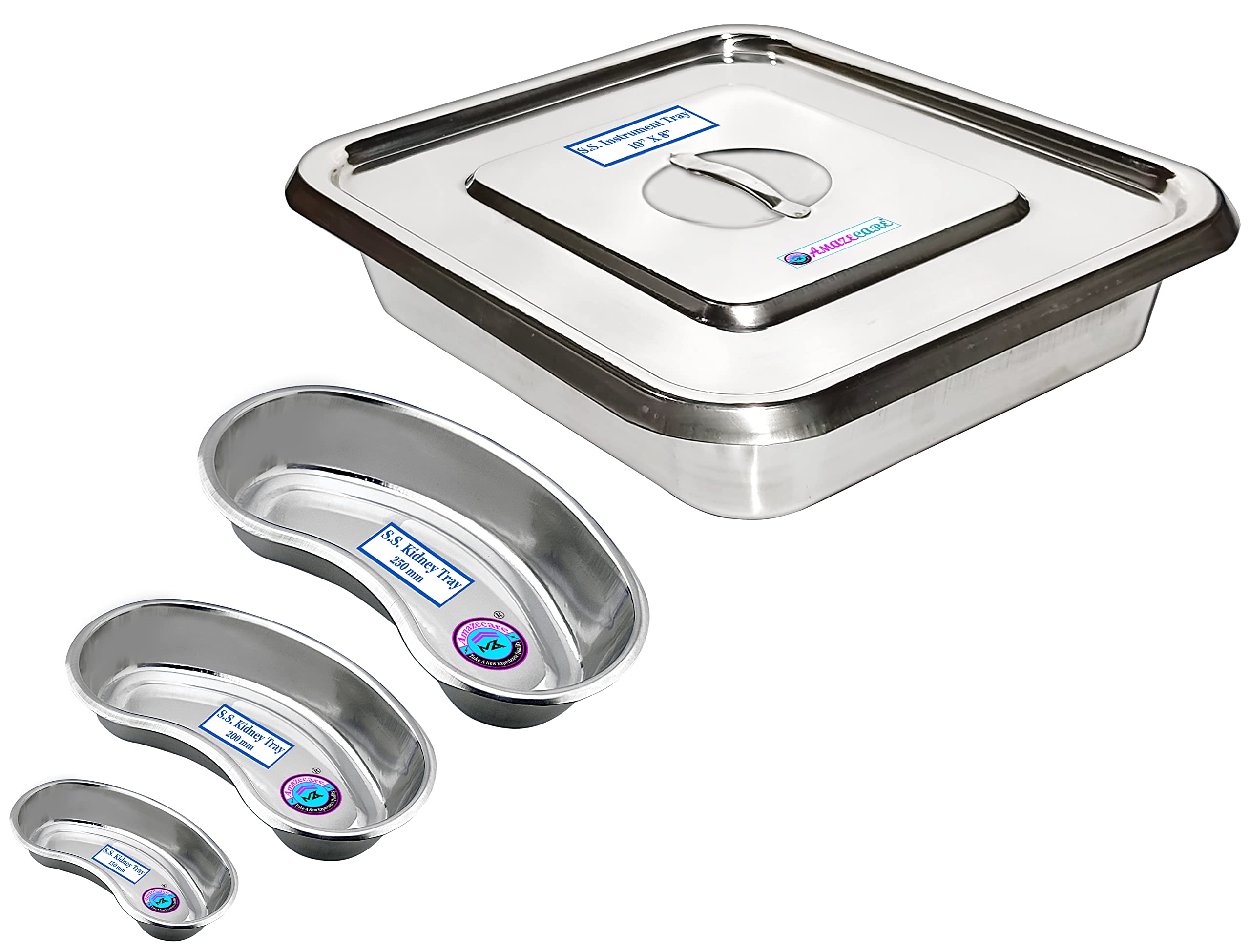 Amazecare Medical Reusable Instrument Tray with Lid Heavy Stainless Steel (Instrument Tray 10in*8in & Set of 3 Kidney Tray) (B09PJPDL61) Amazon Price History, Amazon Price Tracker