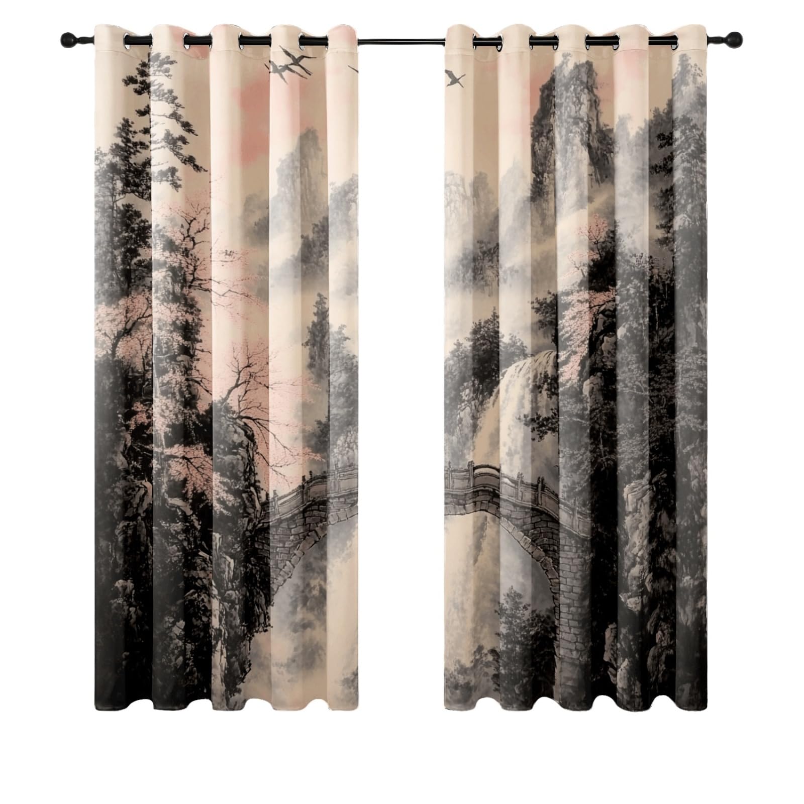 Curtain Schwarze Landschaft Gardinen Polyester Vorhang mit Ösen Blackout Curtain Waschbar Vorhänge mit Ösen Living Room Thermovorhang Schlafzimmer Verdunklungsvorhänge Blickdicht 2x140x160