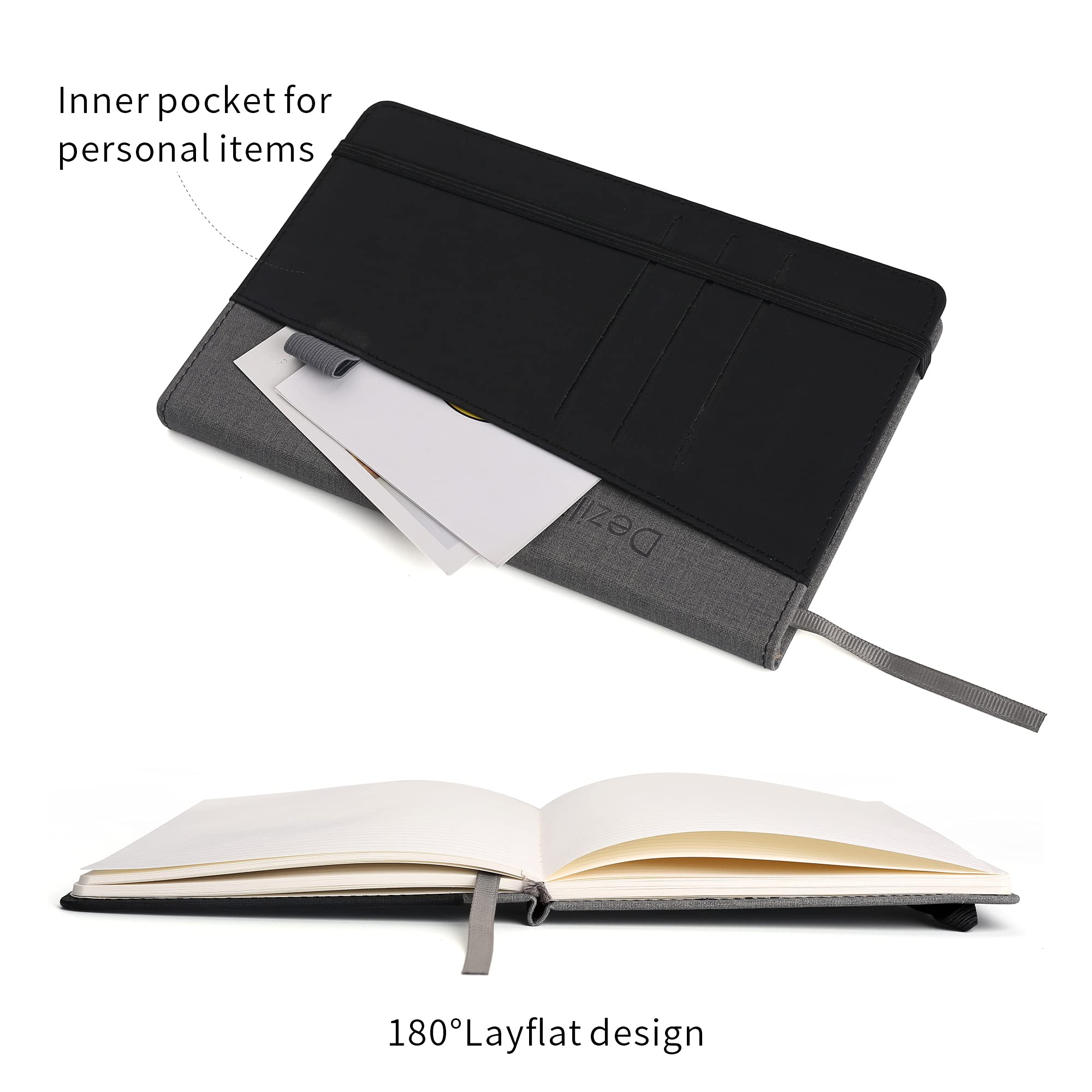 Deziliao Liniertes Tagebuch, Notizbücher mit Stiftschlaufe, Hardcover-Notizbuch-Tagebuch für die Arbeit, 100 g/m² dickes Papier mit Innentasche, Medium 14 x 21 cm, schwarz, liniert, 1 Packung