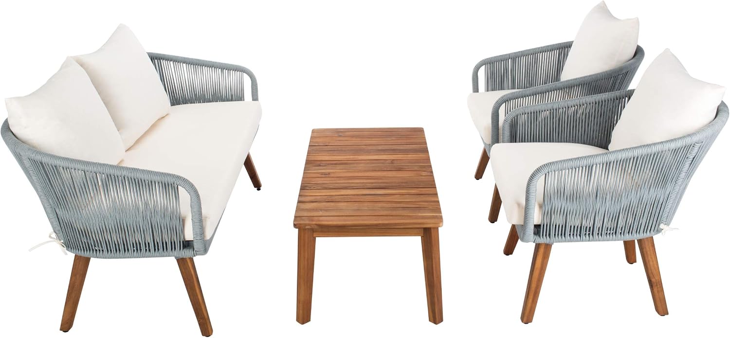 SAFAVIEH PAT7073A Outdoor Prester Rope 4-Piece Seat Cushions and Pillows Included Patio Set