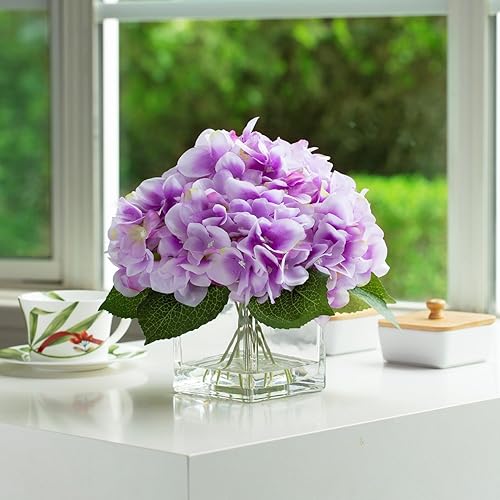 Miniatura 3 de ENOVA FLORAL Hortensias artificiales de seda en jarrón con agua sintética, arreglos florales de seda en jarrón para decoración del hogar, mesa de