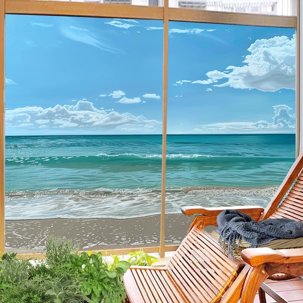 Summer Ocean View Frosted Window Privacy Film Tropical Beach Landscape House Window Film Adhesive Glass Sticker Coverings for Home Decorative 27.6Wx39.4L-inch x2 Pcs