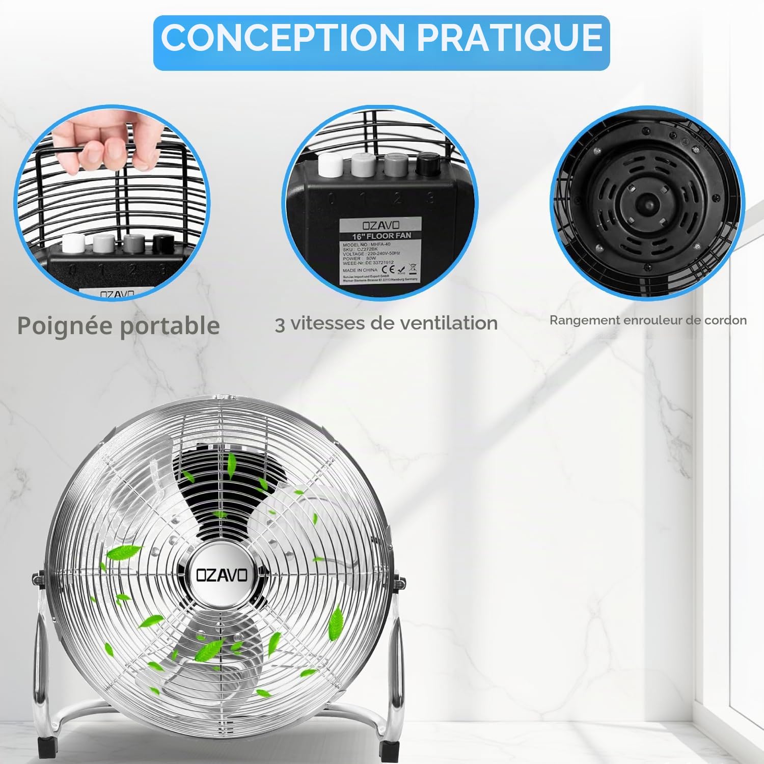 Ventilateur de Sol en Métal Brasseur d'air Industriel, Argent | Robuste, Rétro sur Pied, 3 Vitesses, Angle d'inclinaison Réglable, 80W