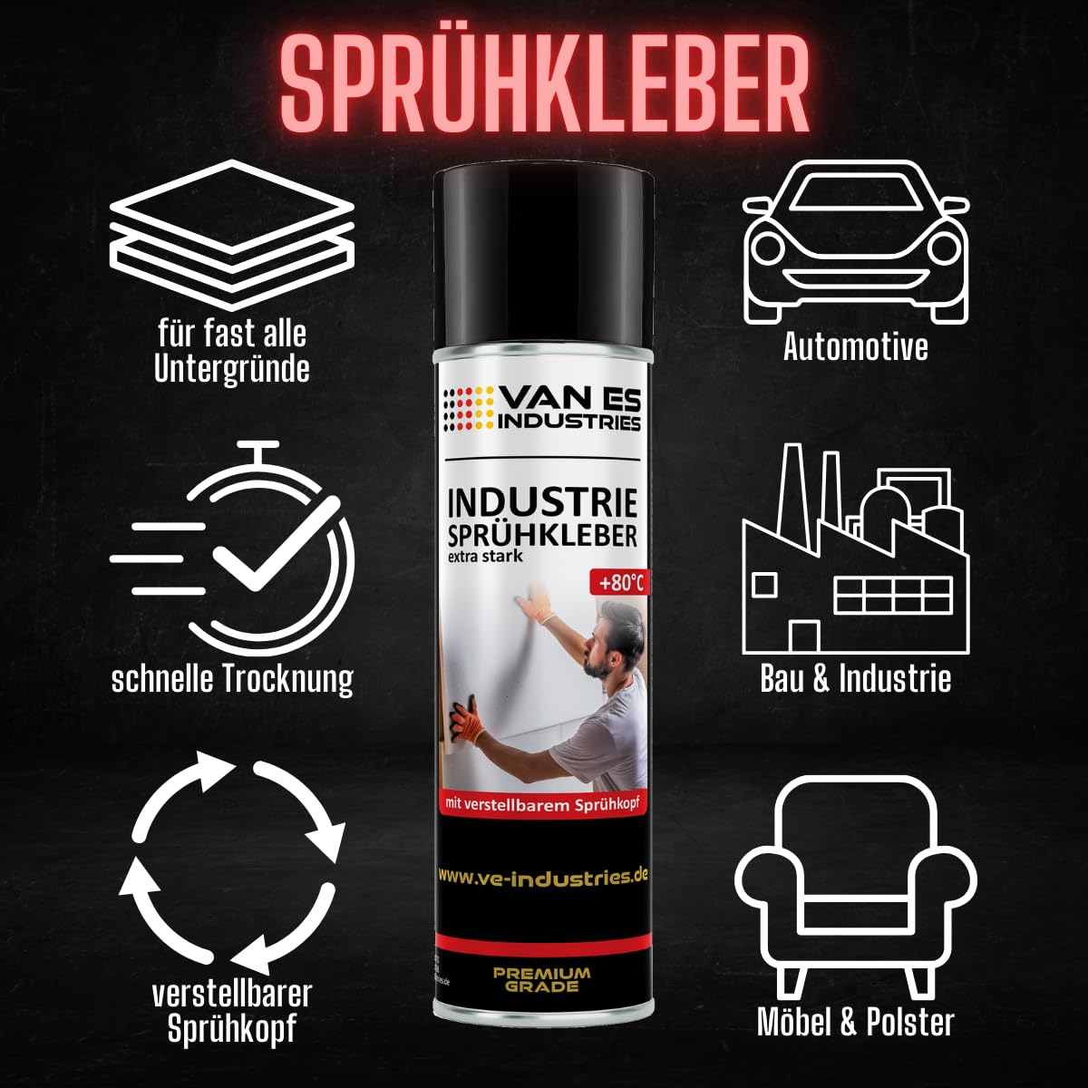 Sprühkleber - Extra starker Kleber für Heimwerk & Industrie | Klebe-Spray für Schaumstoff, Holz, Stoff, Leder, Filz uvm. | verstellbarer Sprühkopf | 500ml Dose (6)