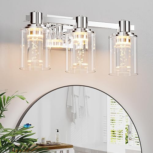 Quntis Lámpara de tocador de baño cromada de 3 luces con 5 modos de color, lámpara de pared LED de protección ocular de 21 vatios de 16 pulgadas