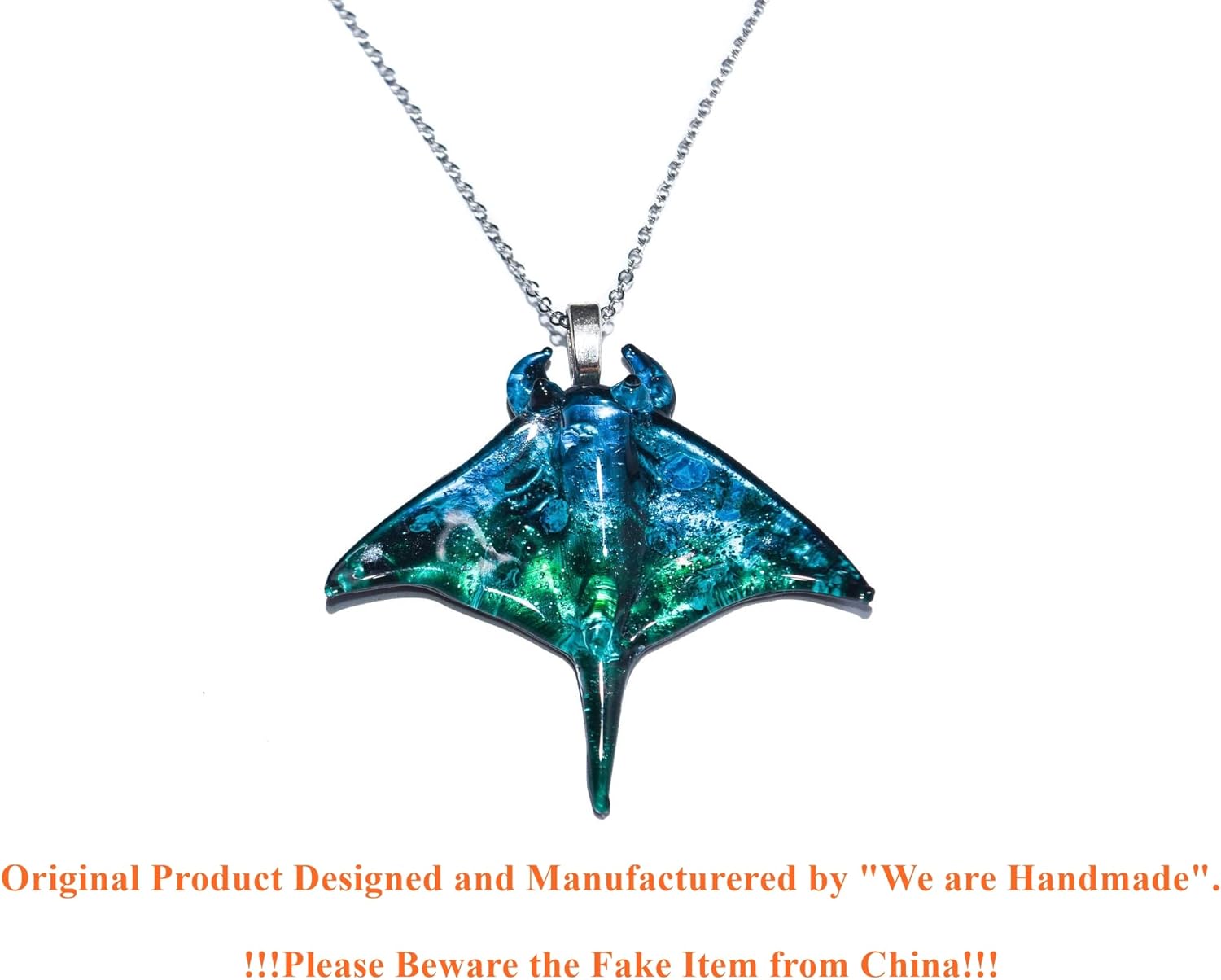 Handmade Blown Glass Ocean Blue Manta Ray Stingray Unique Pendant Necklace, Sea Animal Figurine, Cute Jewelry, Gift Ideas for Women and Men - Image 5