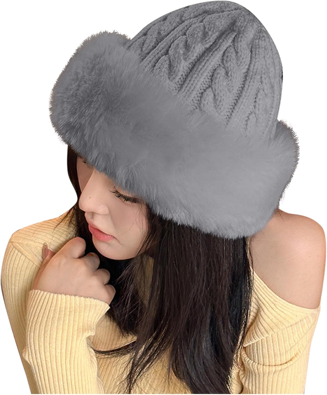 Women Faux Fur Trapper Hat Cossack Russian Ushanka Hat Furry Knitted Skull Cap Slouchy Beanie for Winter Party and Daily Wear
