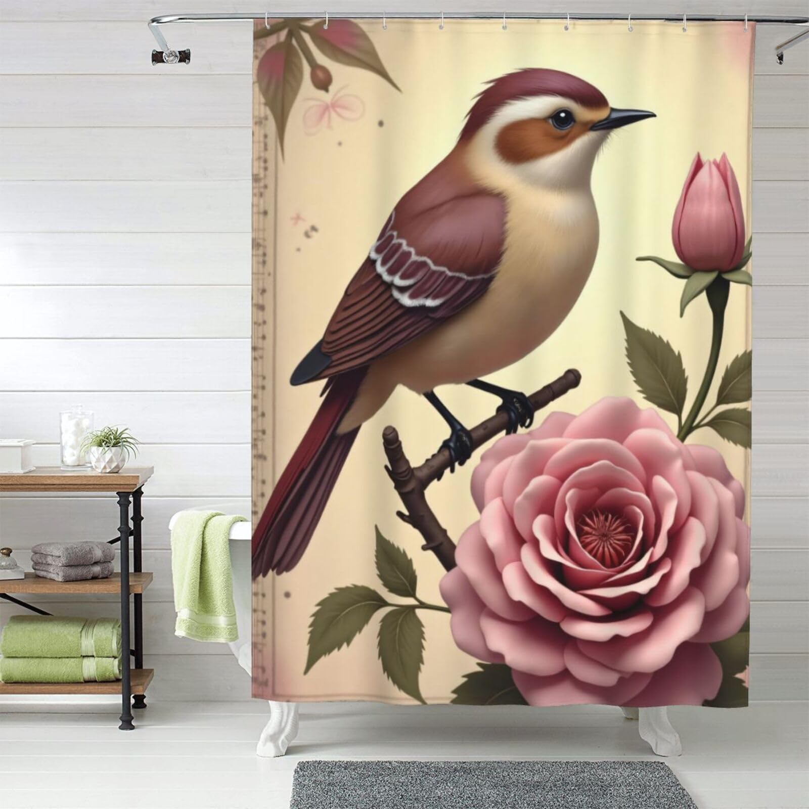 Rideau de douche oiseau rose 152x183 cm en tissu imperméable