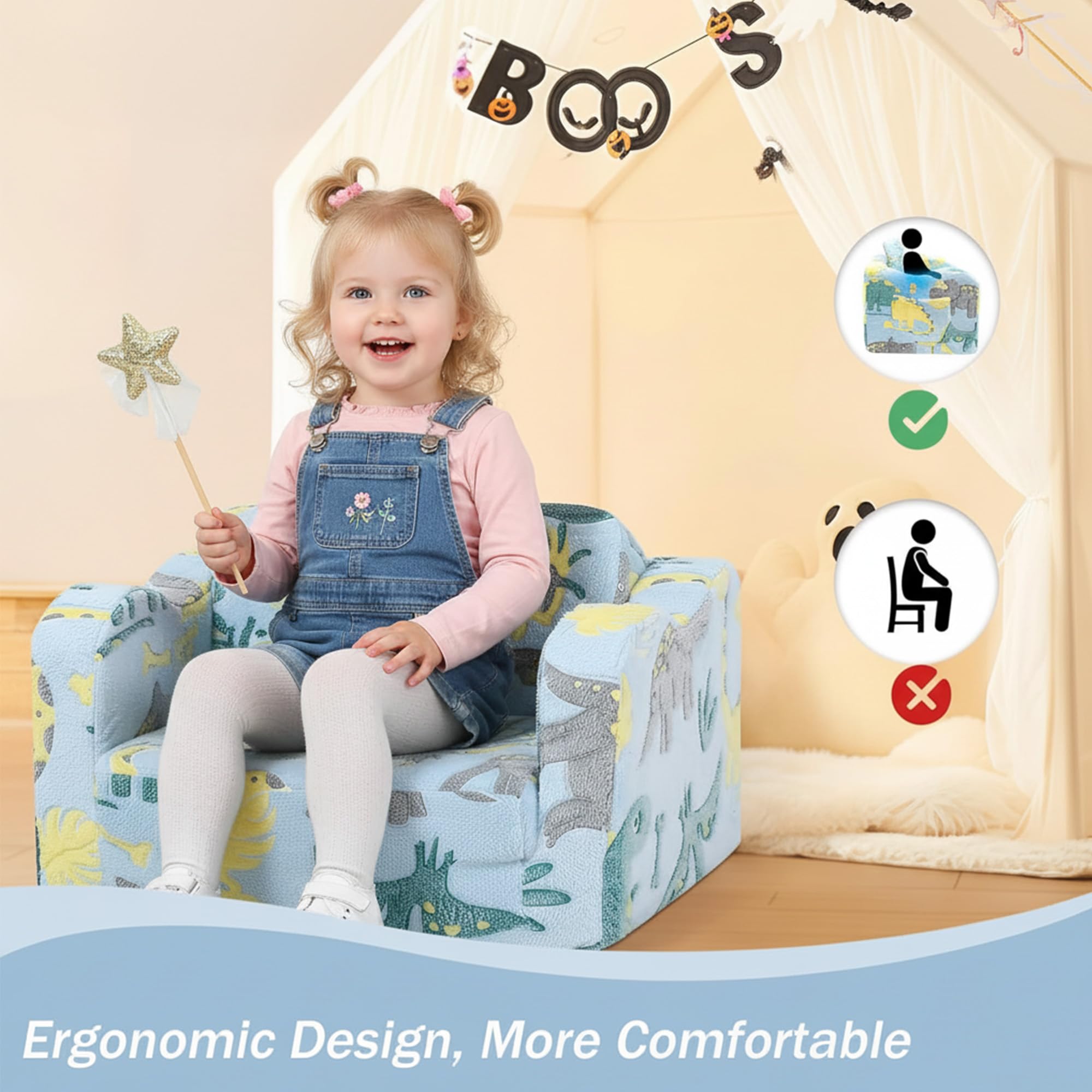 MeMoreCool Canapé-lit pliable pour enfants, canapé convertible en chaise longue pour salle de jeux, canapé pliable pour enfants pour filles et garçons, phosphorescent