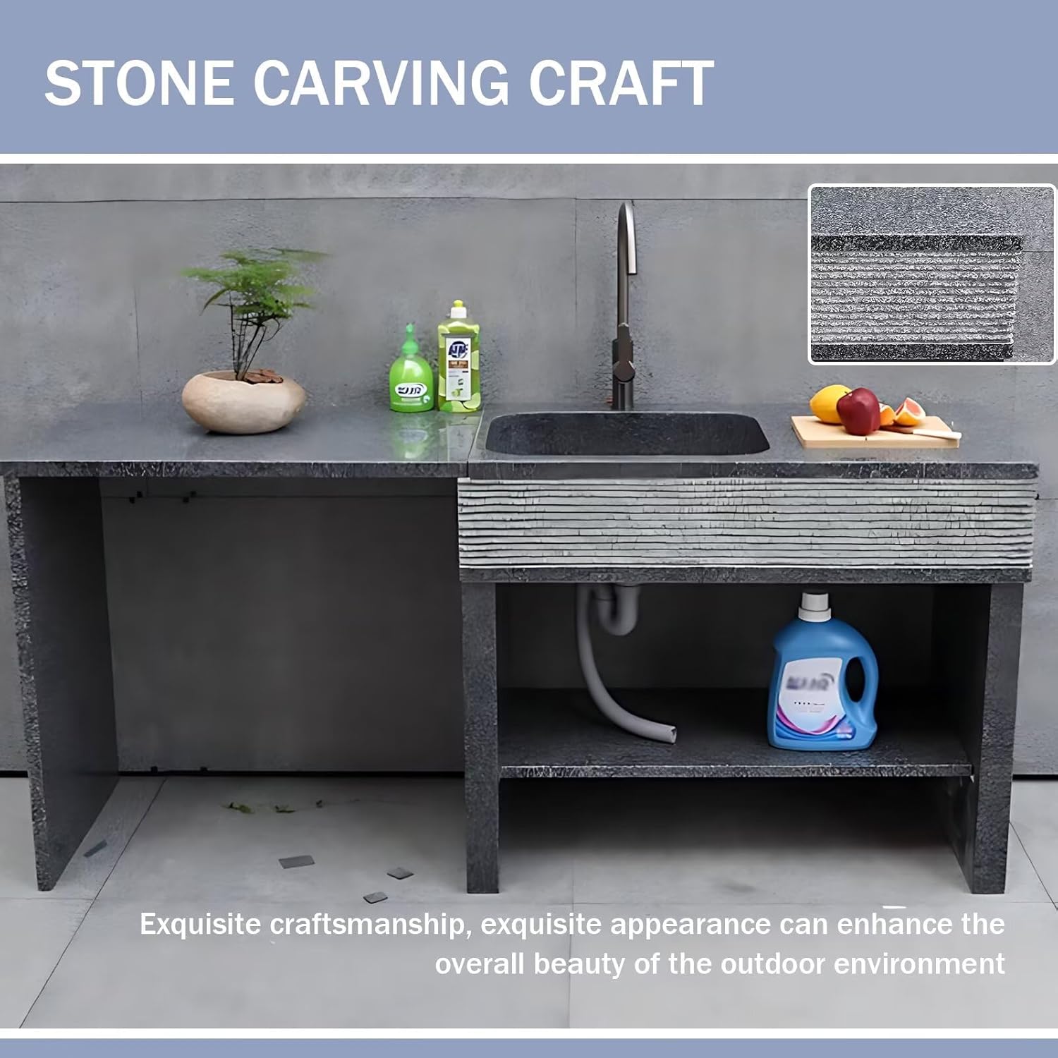 Outdoor Kitchen Cabinet - Marble Sink Cabinet with Countertop Includes Stone Carving Design & Striped Door,Outdoor Kitchen Table Includes Integrated Sink(59.05IN)