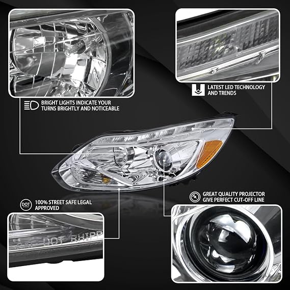 Autozensation Headlights For 2012-2014 Ford Focus Chrome Left+Right