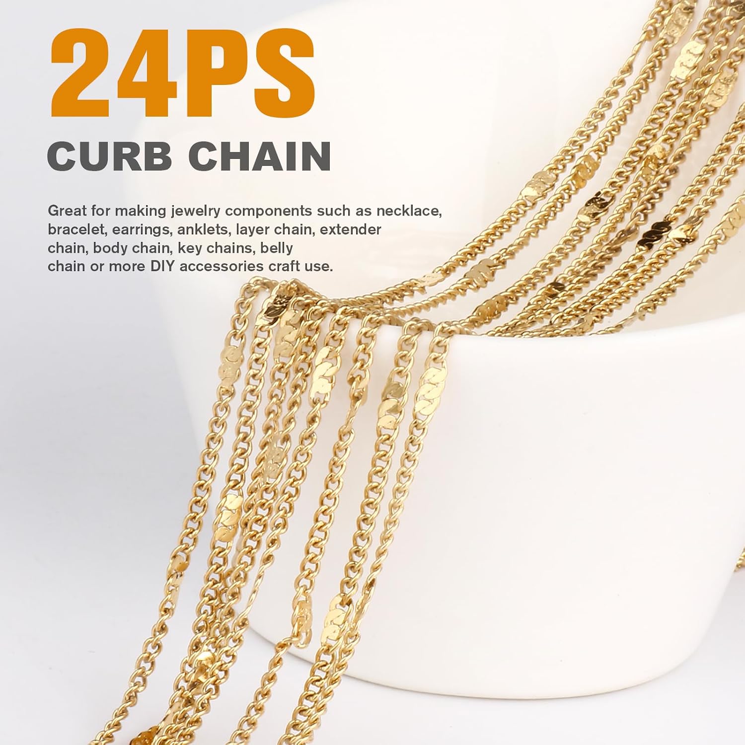 Cadikez 24PCS Gold Curb Necklace Chain Bulk 1.5MM 18K Gold PVD Plated Stainless Steel Finished Satellite Curb Link Chain Bulk for Jewelry Making