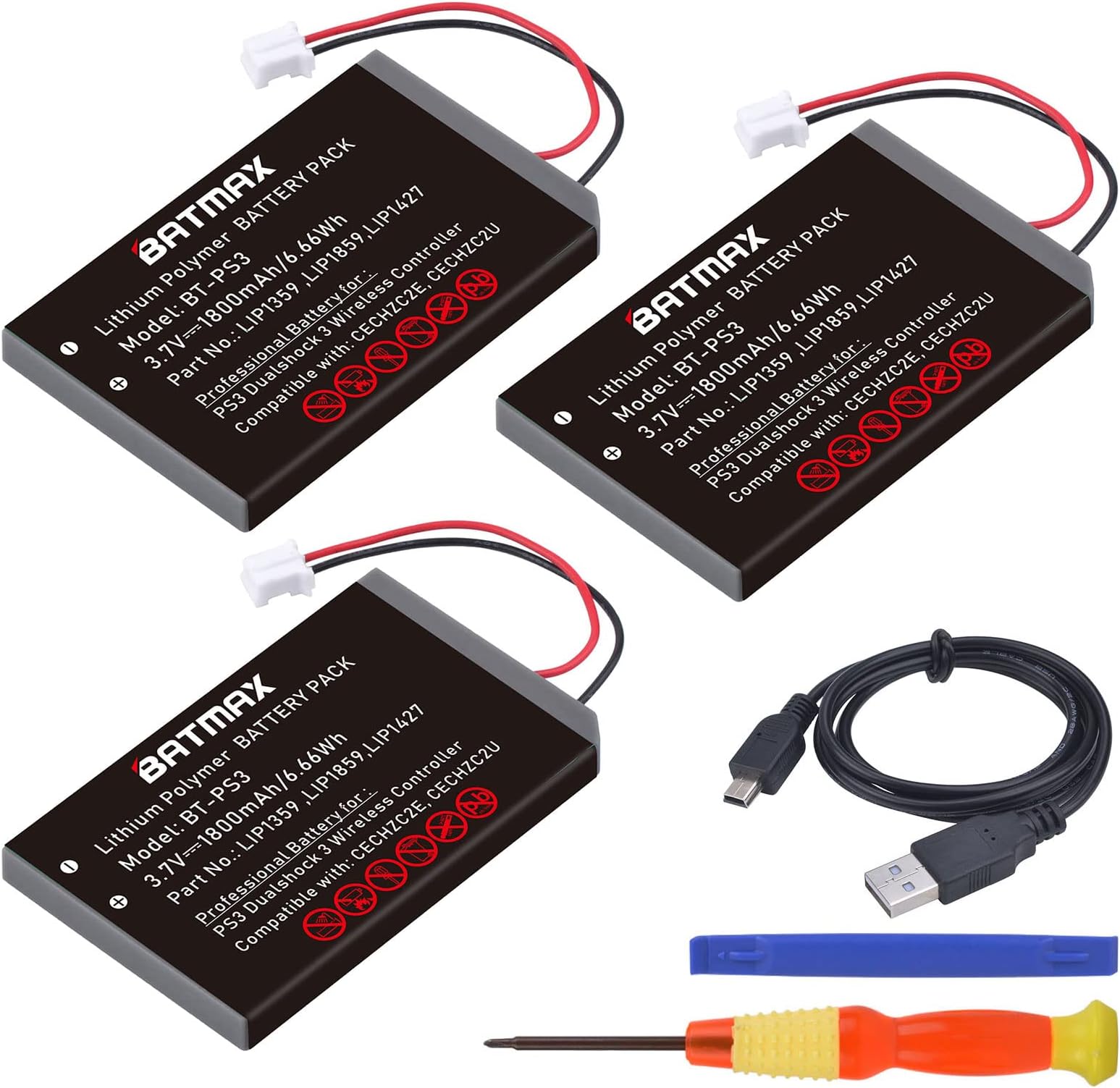 Batmax 3Pcs 1800mAh LIP1359 Battery Replacement for Sony PS3 PlayStation 3 Sixaxis Dualshock 3 Wireless Controller CECHZC2E CECHZC2U LIP1472 LIP1859…